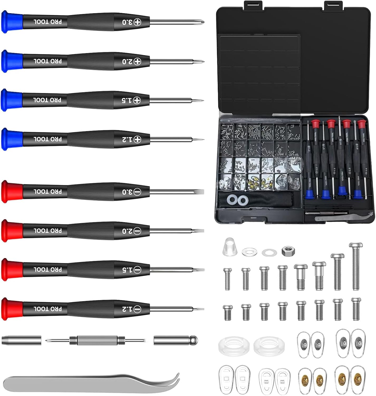 Brillen Reparatur Werkzeug Kit,Brillenreparatur Werkzeug Set mit Kleinen Schrauben,Nasenpads,Pinzette,Reinigungstuch und PräZisionsschraubenziehern,Geeignet für Brillen,Sonnenbrillen