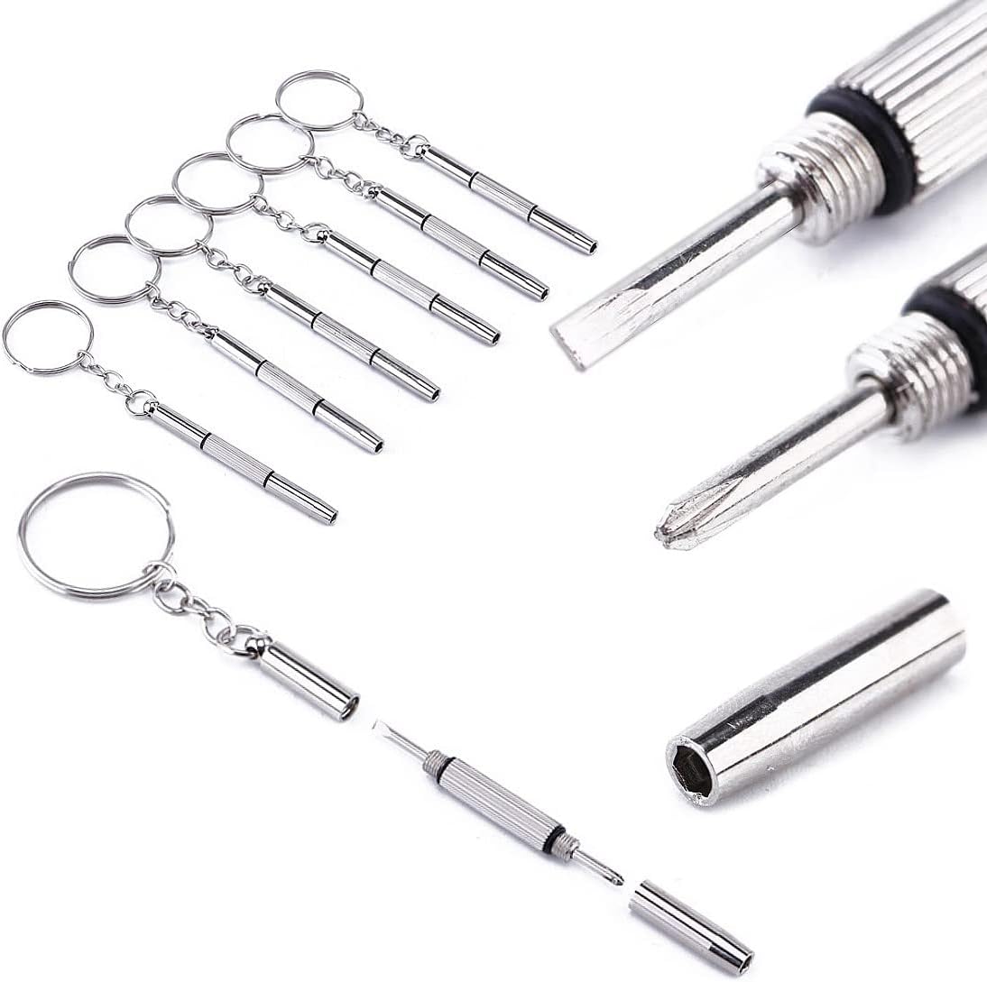 JZK 6x 3-in-1 Mini-Schraubendreher mit Schlüsselanhänger für Reparatur von Brillen, tragbarer Brillenschraubendreher, Mini-Kreuzschraubendreher, Mini-Schlitzschraubendreher, Mini-Sechskant-Stecknuss