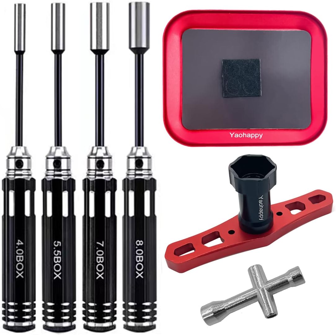 Sechskant-Schraubendreher-Set Sechskantmuttern-Schraubendreher 4,0/5,5/7,0/8,0 mm und 4-Wege-Kreuzschlüssel, 17-mm-Radschlüssel, RC-Schraubenfach RC-Reparaturwerkzeug-Kit für RC Quadcopter