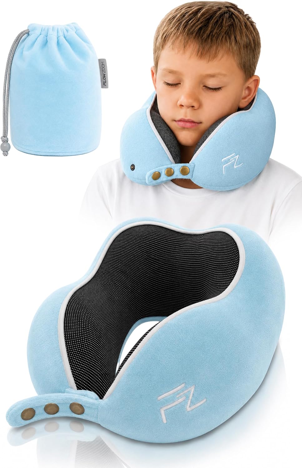 FLOWZOOM Comfy Nackenkissen Flugzeug & Auto - Einstellbares Memory Foam Reisekissen mit flexiblen Druckknöpfen für 360° Stütze, atmungsaktiver weicher Bezug - inkl. Transportbeutel - Grau