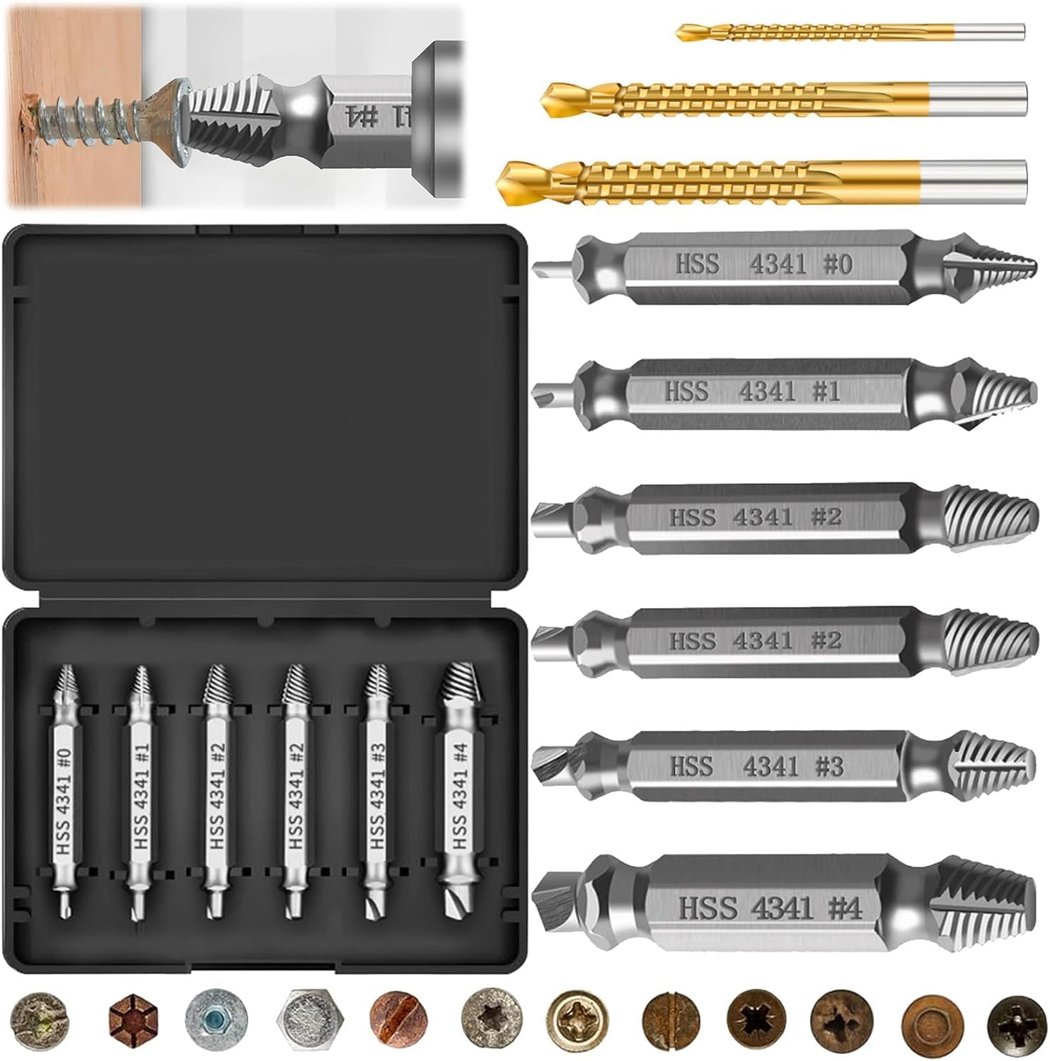 9 Stück Schraubenausdreher Set, HSS 6542 mit Härtegrad HRC 63-65, Linksausdreher Set mit 3 Spiralbohrern, Schrauben Ausdrehwerkzeug zum Bohren und Entfernen beschädigter Schrauben