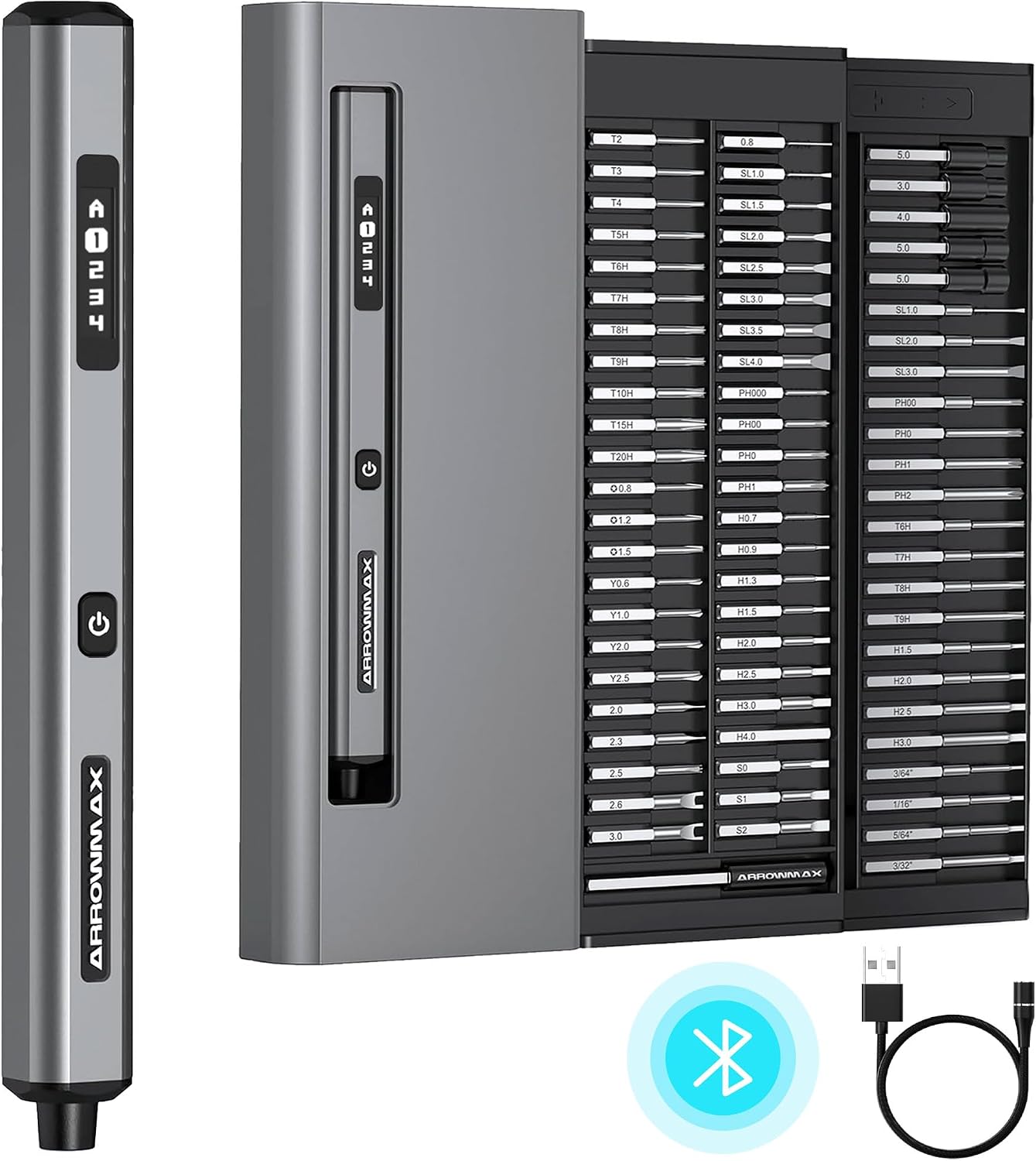 ARROWMAX Smart Elektrischer Schraubendreher Set, 70-in-1 Präzisions-Akkuschrauber mit Bluetooth App & OLED Display, S2 Stahl Bits, Feinmechanik Werkzeugset für Laptop, Handy, RC Modellbau, SES MAX