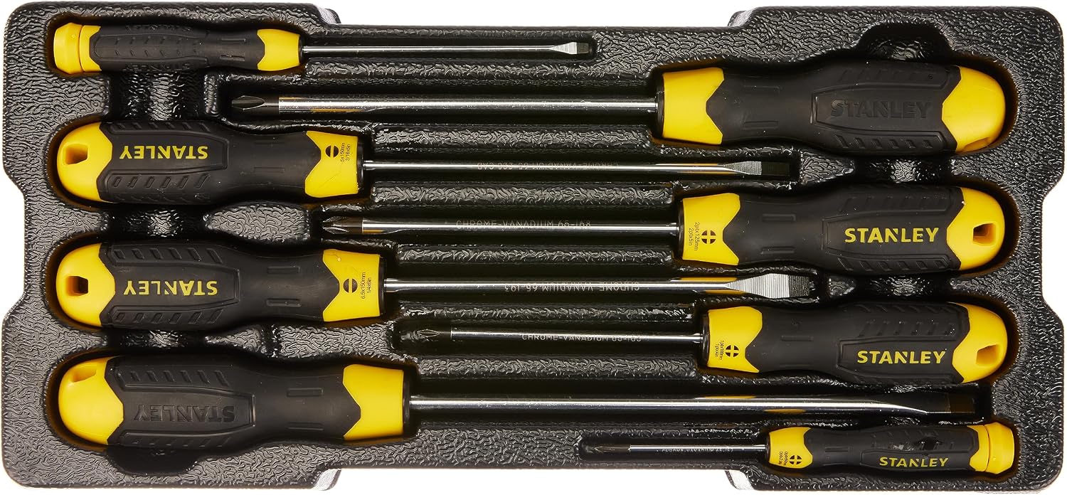 Stanley Schraubendreher Cushiongrip-Set, TransModul-System, 8-teiliges Set bestehend aus 3x100mm, 5x150mm, 6.5x150mm, 8x200mmm, PH0x60mm, PH1x100mm, PH2x125mm, PH3x150mm, mit Stahlklinge, STMT1-74181