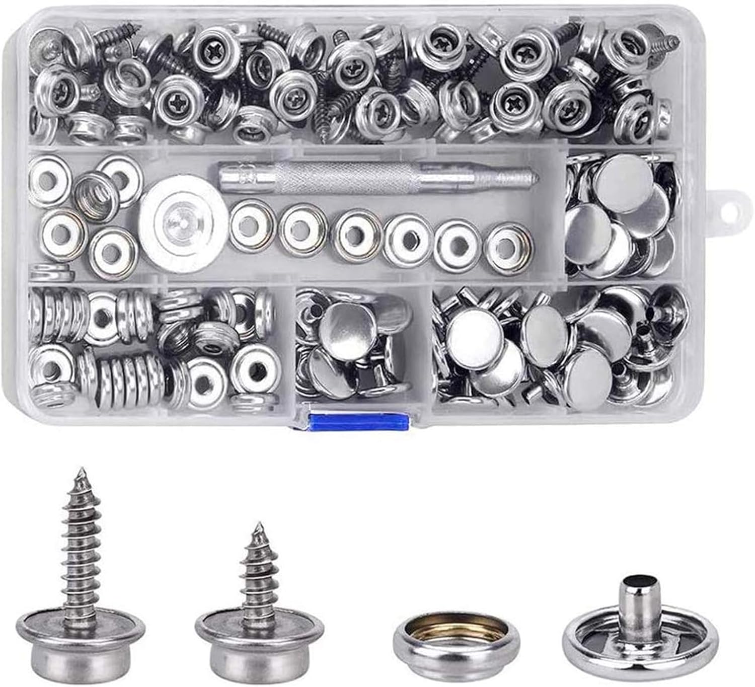 MMOBIEL 153-teiliges Druckknopf-Kit Schraubendreher Edelstahl Heavy Duty für Leinen Polsterung, Boot Abdeckung, Möbel, Outdoor, Marine Grade 3/8 Zoll, 5/8 Sockel inklusive Schnappverschluß-Werkzeug