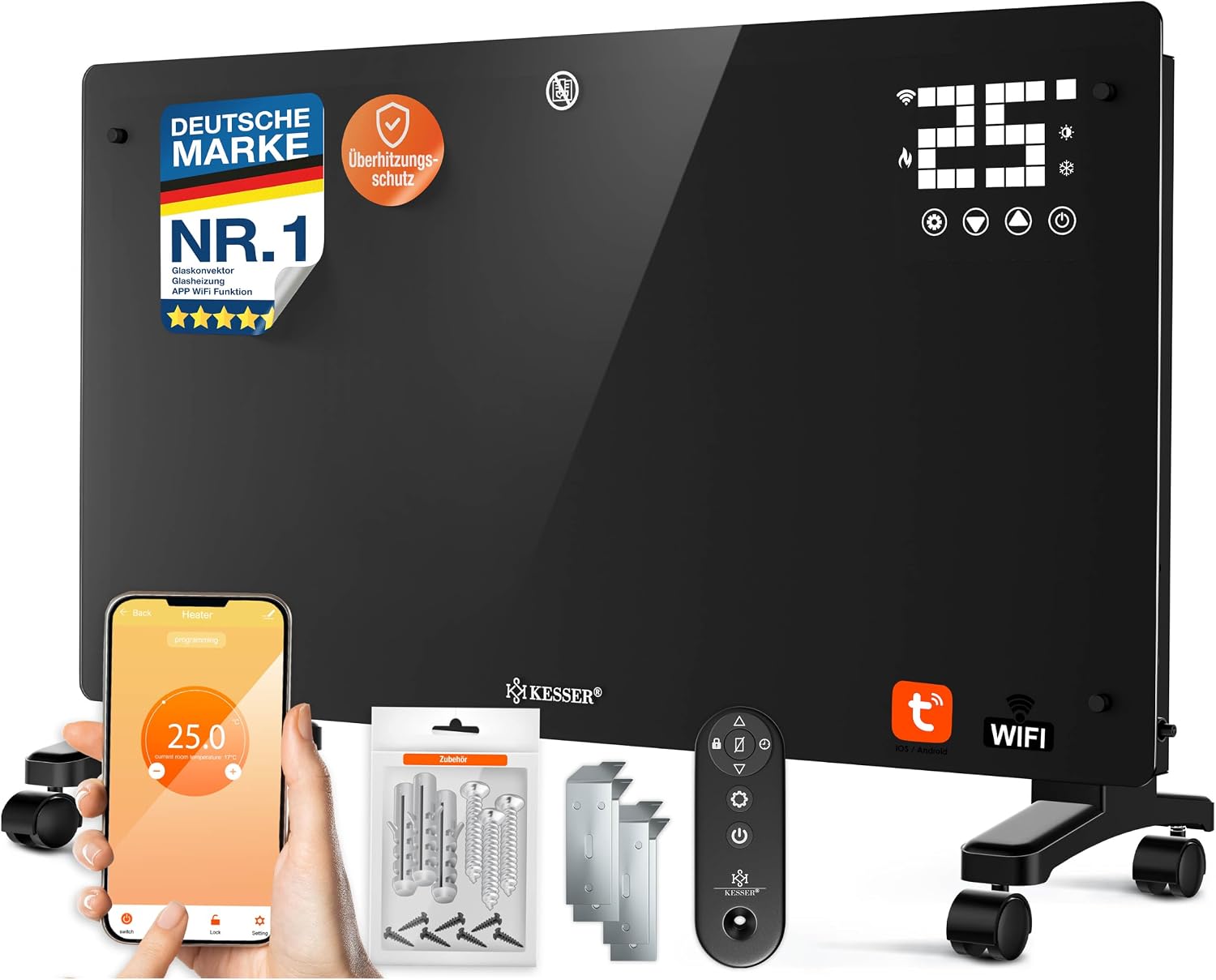 KESSER® Glaskonvektor Glasheizung Elektroheizkörper APP WiFi Funktion Inkl. Fernbedienung Elektroheizung Stand- oder Wand Heizung Heizkörper | Touchscreen | LCD-Display | Timer | 2500 Watt | Weiß