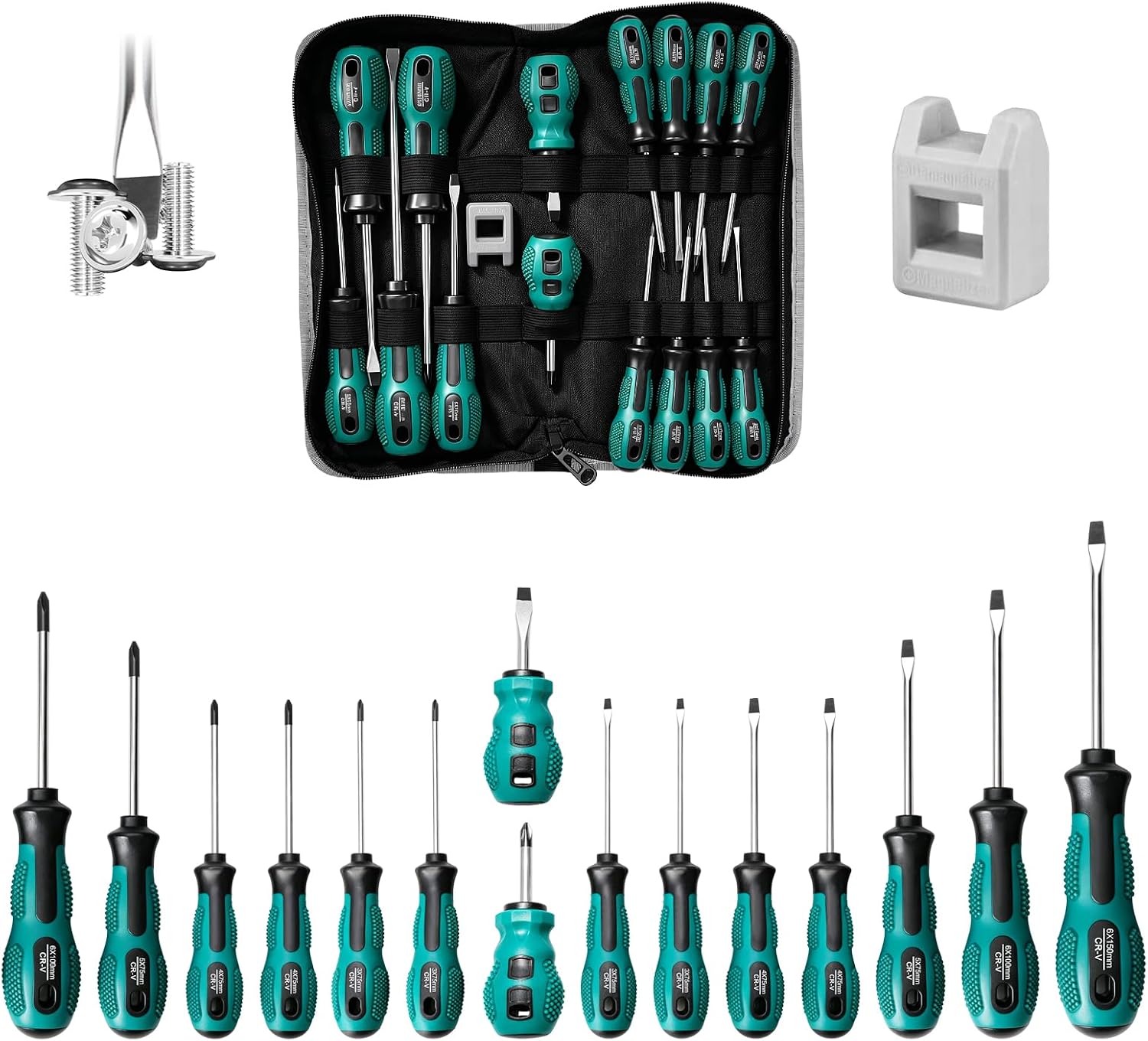 Schraubendreher-Satz mit Magnetischer Spitze, 15 Tlg Profi Schraubenzieher Set 8 Schlitz und 7 Kreuzschlitz, Chrom-Vanadium-Stahl, Kissengriff, Elektriker Werkzeug für Befestigen und Lösen Schrauben