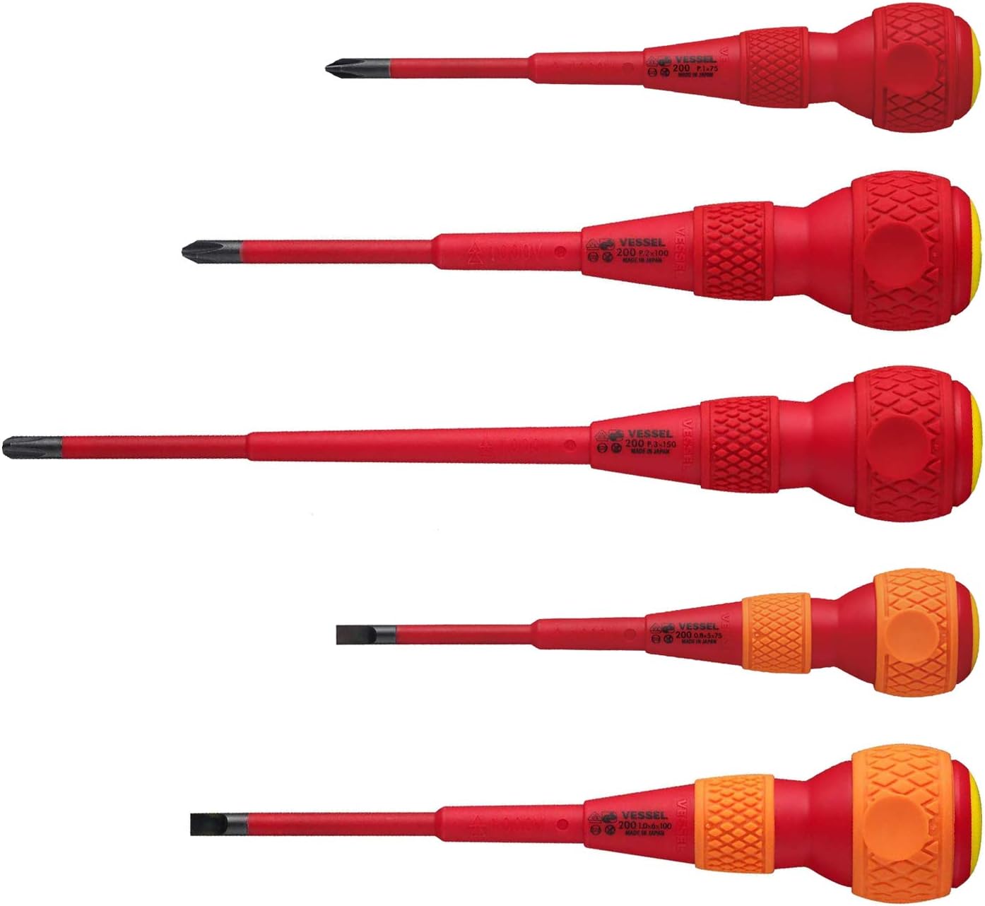 VESSEL BALL GRIP VDE Schraubendreher (isoliert) Kreuzschlitz/Schlitz, 5-teiliges Set