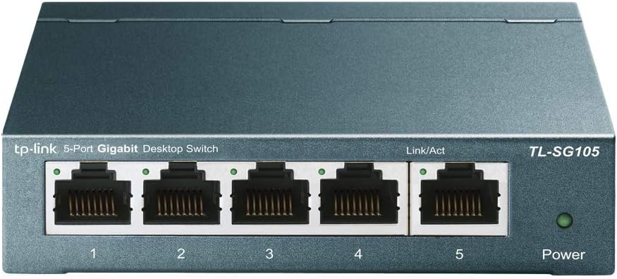 TP-Link TL-SG105 5-Ports Gigabit Netzwerk Switch (bis 2000 MBit/s im Vollduplexmodus, geschirmte RJ-45 s, Metallgehäuse, optimiert Datenverkehr, IGMP-Snooping, unmanaged, lüfterlos) blau metallic