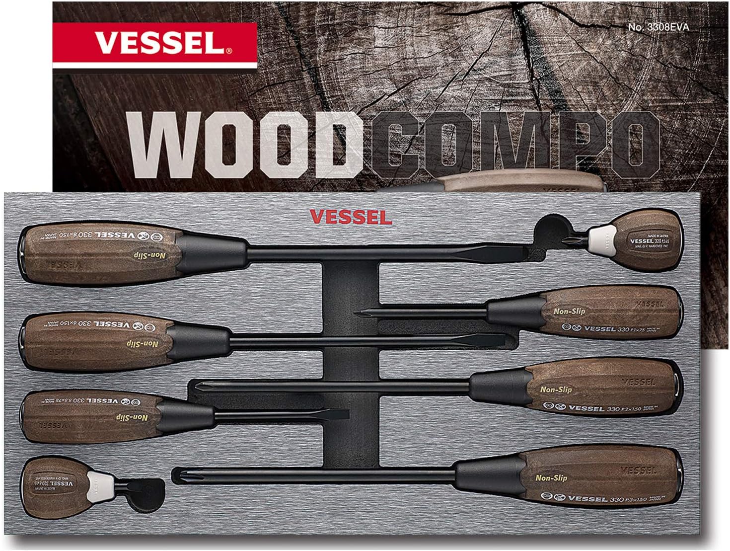 VESSEL Nr. 3308EVA WOOD-COMPO Anti-Rutsch-Tang-Thru Schraubendreher 8-teiliges Set