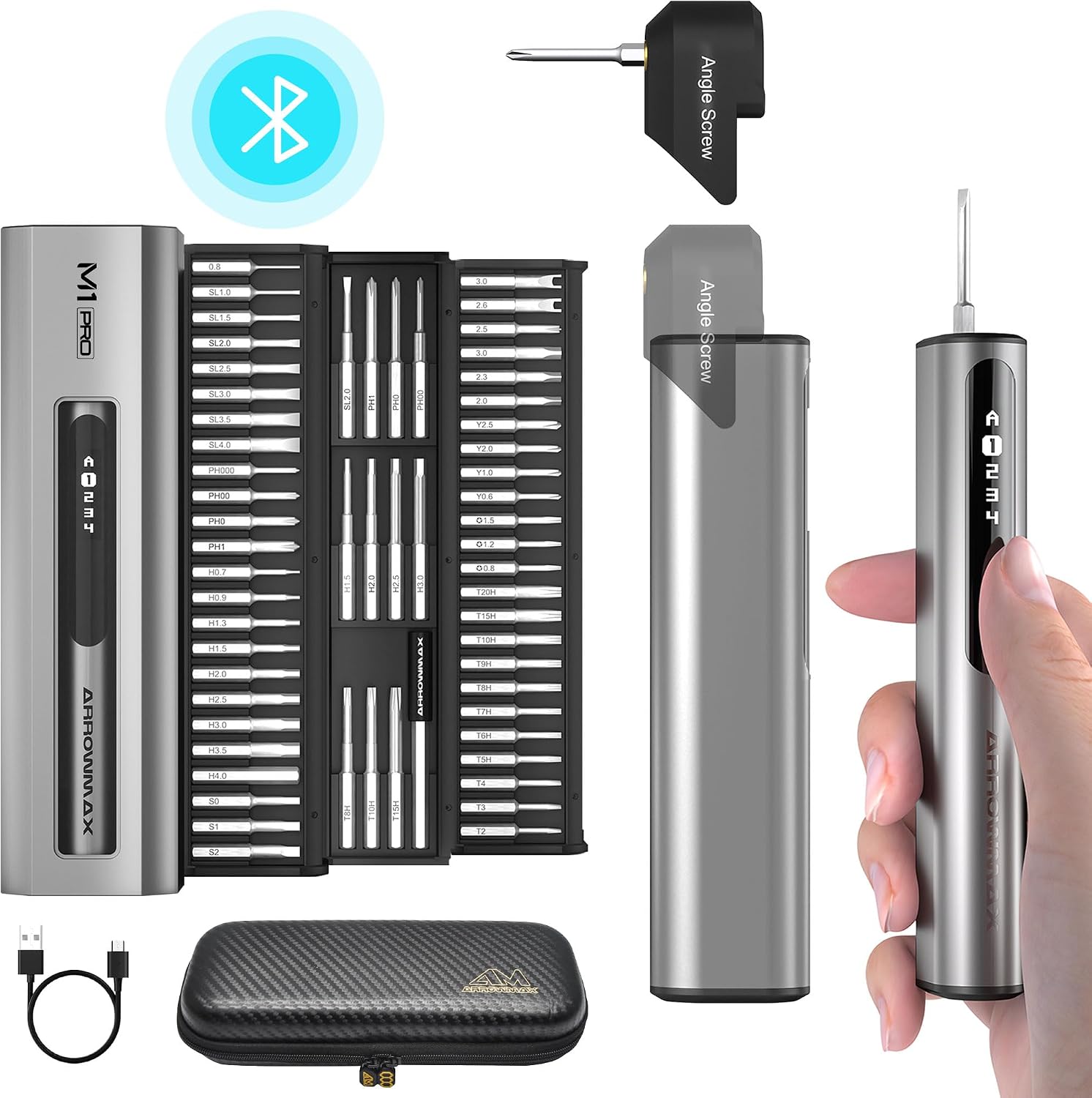 ARROWMAX Elektrischer Schraubendreher & Bohrer Set, 2-in-1 Präzisions-Akkuschrauber, 10kgf.cm Drehmoment, 5 Gänge, OLED-Display, 60 S2-Stahl Bits, für Laptop, Handy, Brillen, DIY, M1D Plus