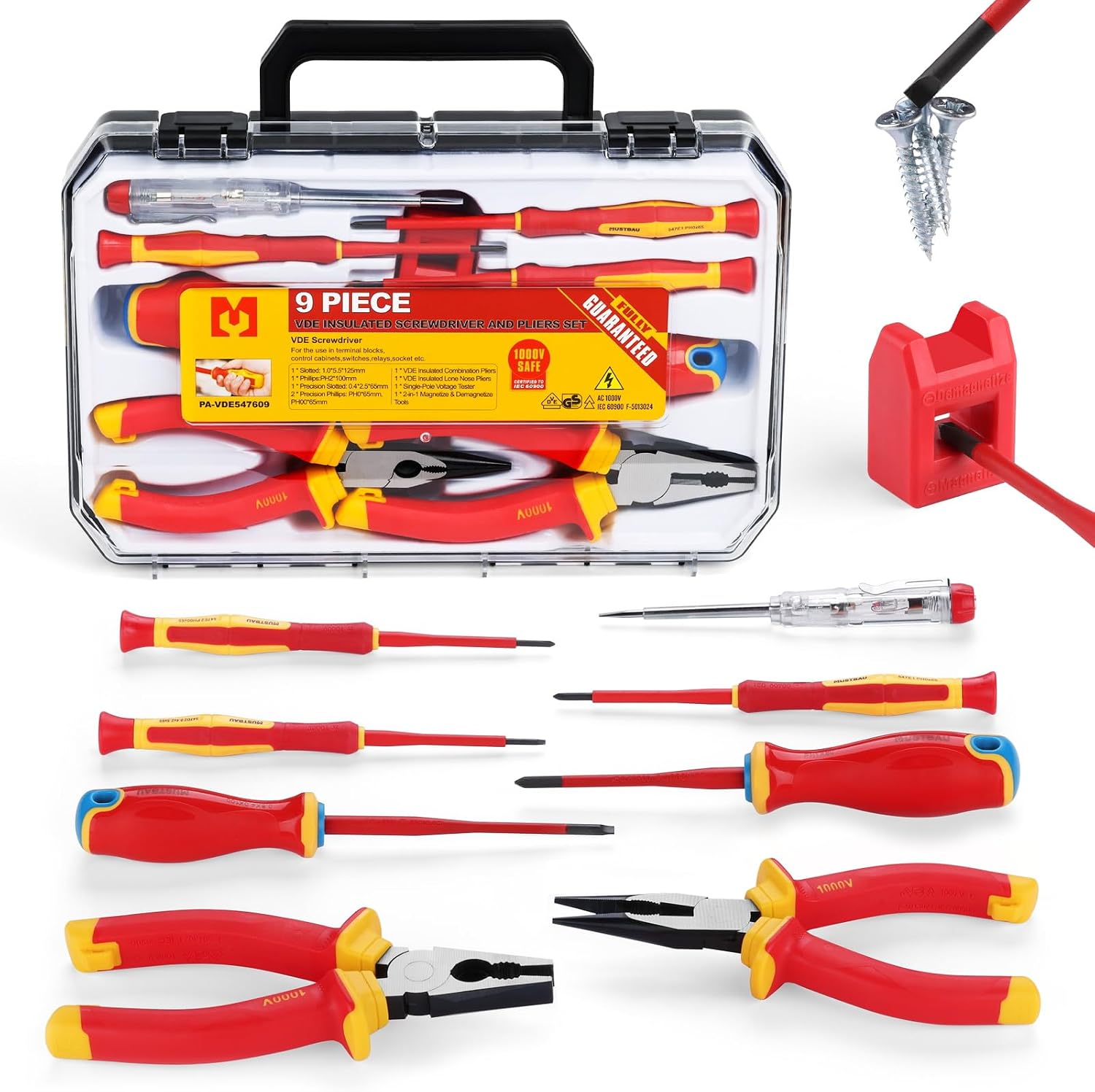 9 Pcs VDE Schraubendreher-Satz Schlitz, Kreuzschlitz, Drahtschneider, Spitzzange, Spannungsprüfer, Ent-Magnetisierer. Ideal für Elektrogeräten, Handys, Computern und Präzisionsgeräten.