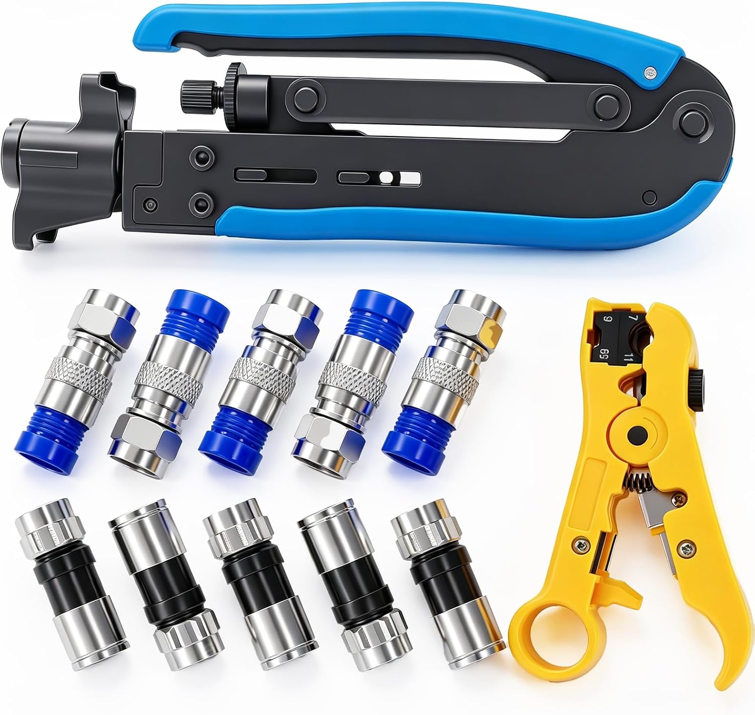 mxuteuk Koaxial-Kabel-Druckgelenk-Kit zur Einstellung der RG6 RG59 RG11 75-5 75-7 Koaxial-Druckwerkzeug-Zubehör mit 10 F-Drucksteckverbinder