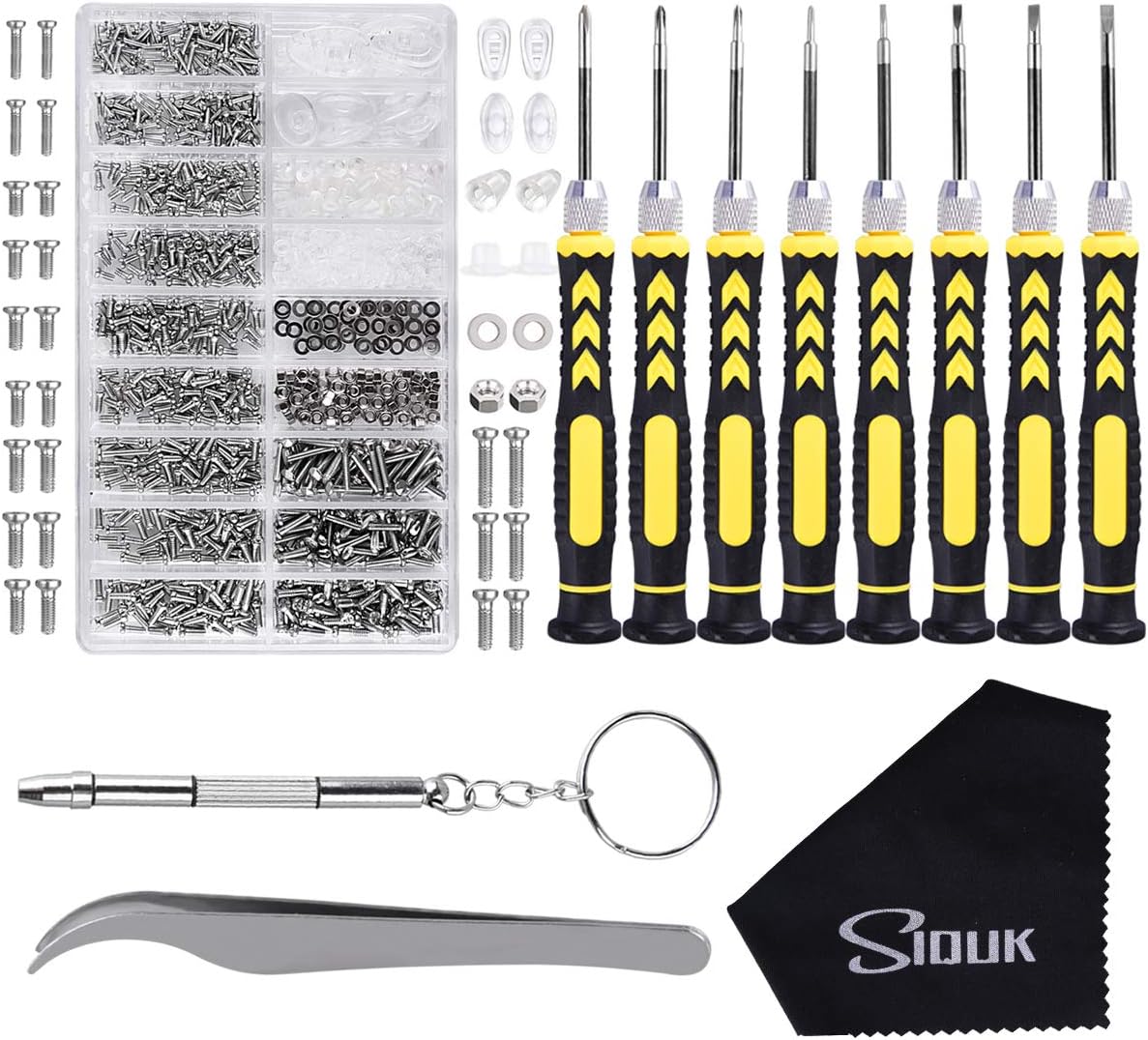 SIQUK Brillenreparaturset mit 8 in 1 Schraubendreher kleinen Schrauben und 6 Paar Nasepads, für Brillen Sonnenbrillen Uhren