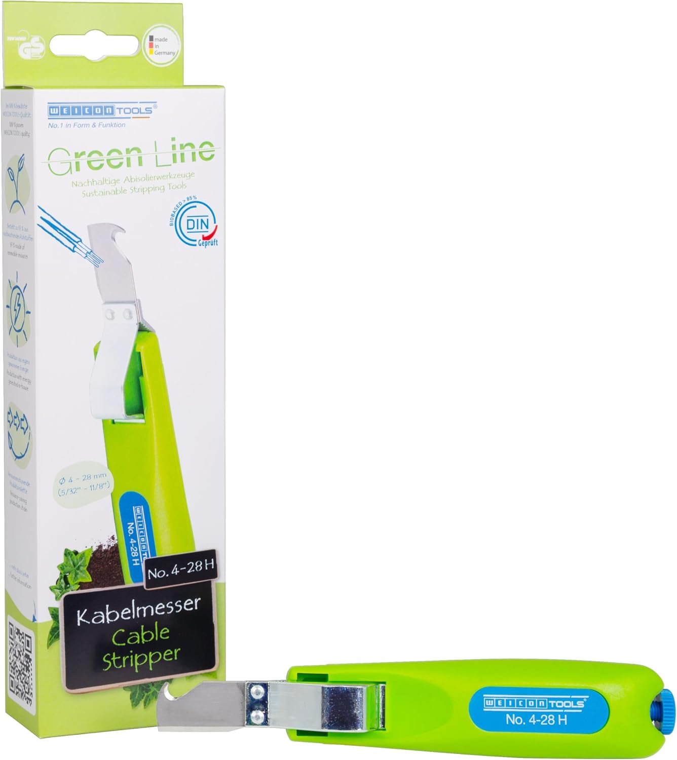 WEICON TOOLS Kabelmesser No. 4-28 H Green Line | Nachhaltige Rohstoffe | Arbeitsbereich 4-28 mm | inkl. Hakenklinge