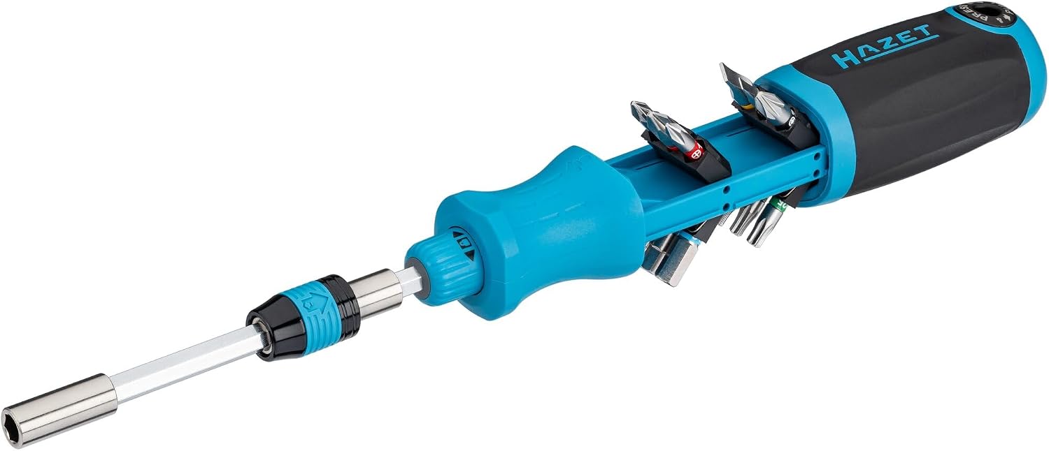HAZET 811R-3 Bit Ratschen-Schraubendreher 14-teilig mit integriertem Magazin, geräuschlose Knarrenfunktion, Schnellwechsel-Bithalter, 1/4 Zoll