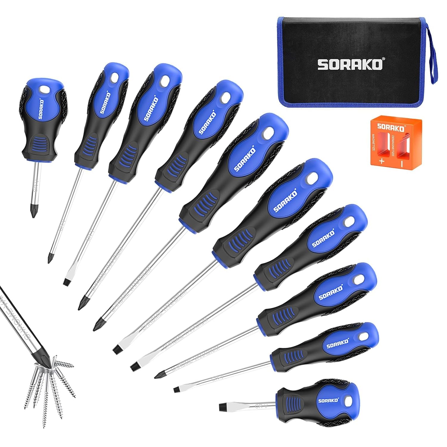 SORAKO 11-teiliges Schraubendreher-Set, magnetisch, mit 2-in-1-Magnetisierer, Aufbewahrungstasche aus hochdichtem Nylon, professioneller rutschfester Griff, 5 Kreuzschlitzschraubendreher, 5