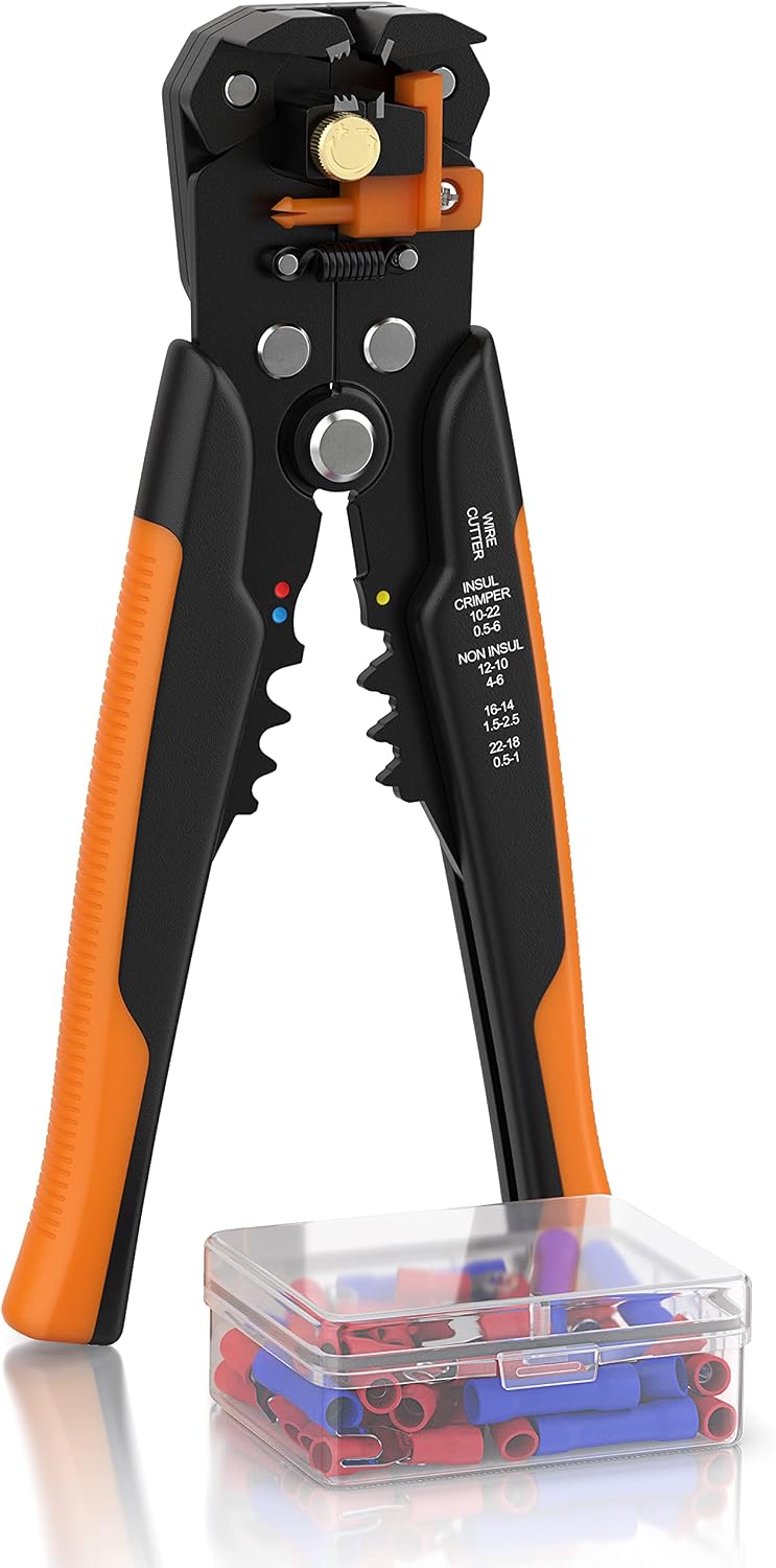 Brandson - Abisolierzange - 10-24 AWG - selbsteinstellend - Kabelschneider zum Abisolieren für Kabeldurchmesser von 0.2-6mm² - Crimpzange Crimpen 0,5 – 6 mm2 - Box mit 60 Klemmen