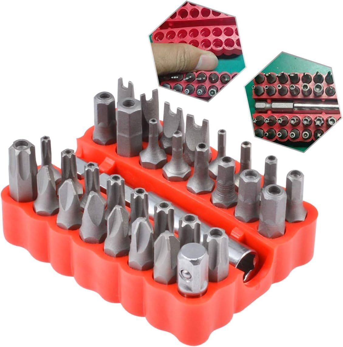 33-Teiliger Schraubendreher Bit Set, Manipulationssichere Sicherheitsschraube Hex Bit-Kopf-Set Mit Magnetischem VerläNgerungs-Bit-Halter, 1/4" Metrischer Schraubendreher-Kit - Rote Box