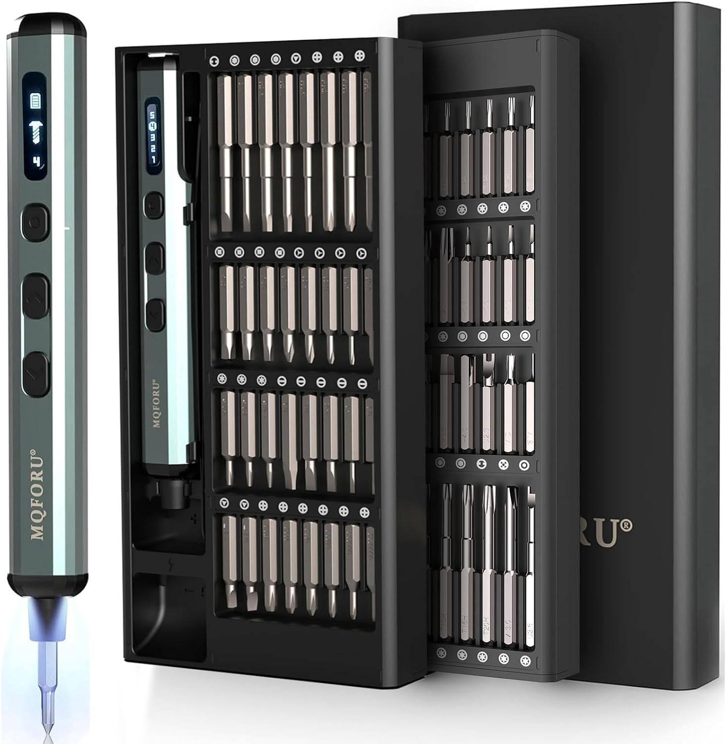 MQFORU Mini Elektro Schraubendreher Set, 72 in 1 Präzisions Elektrischer Schraubendreher mit 64 Magnetischen Bits, 5 Drehmomenteinstellungen, 4 LED-Leuchten, für Präzisionsarbeit Telefon Uhr Kamera