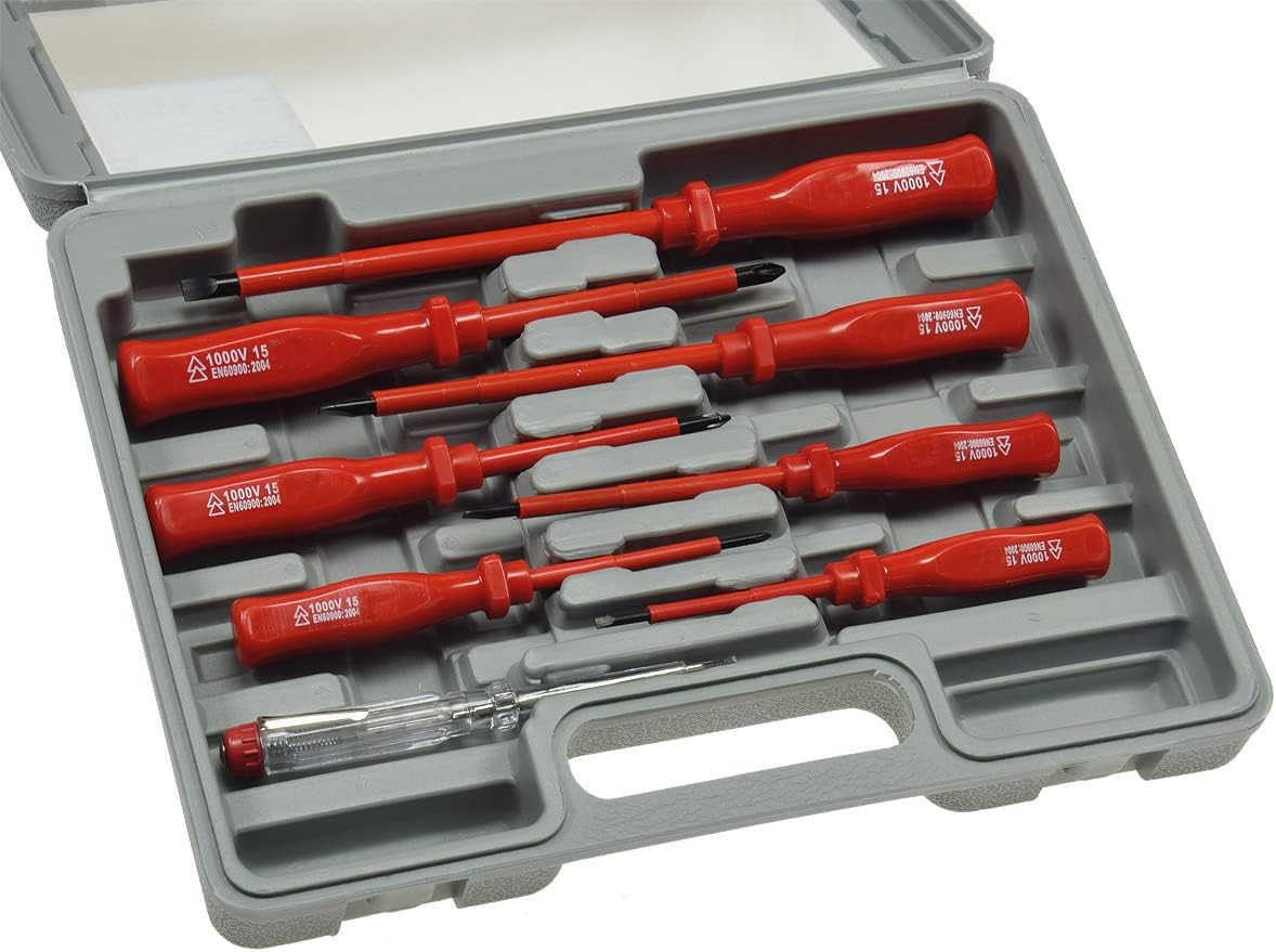 ChiliTec Elektro Schraubendreher-Satz 8-teilig 4X Schlitz 3X Kreuz + 1x Phasenprüfer Isolierter Schaft Spannungsfest bis 1000V mit Transportkoffer