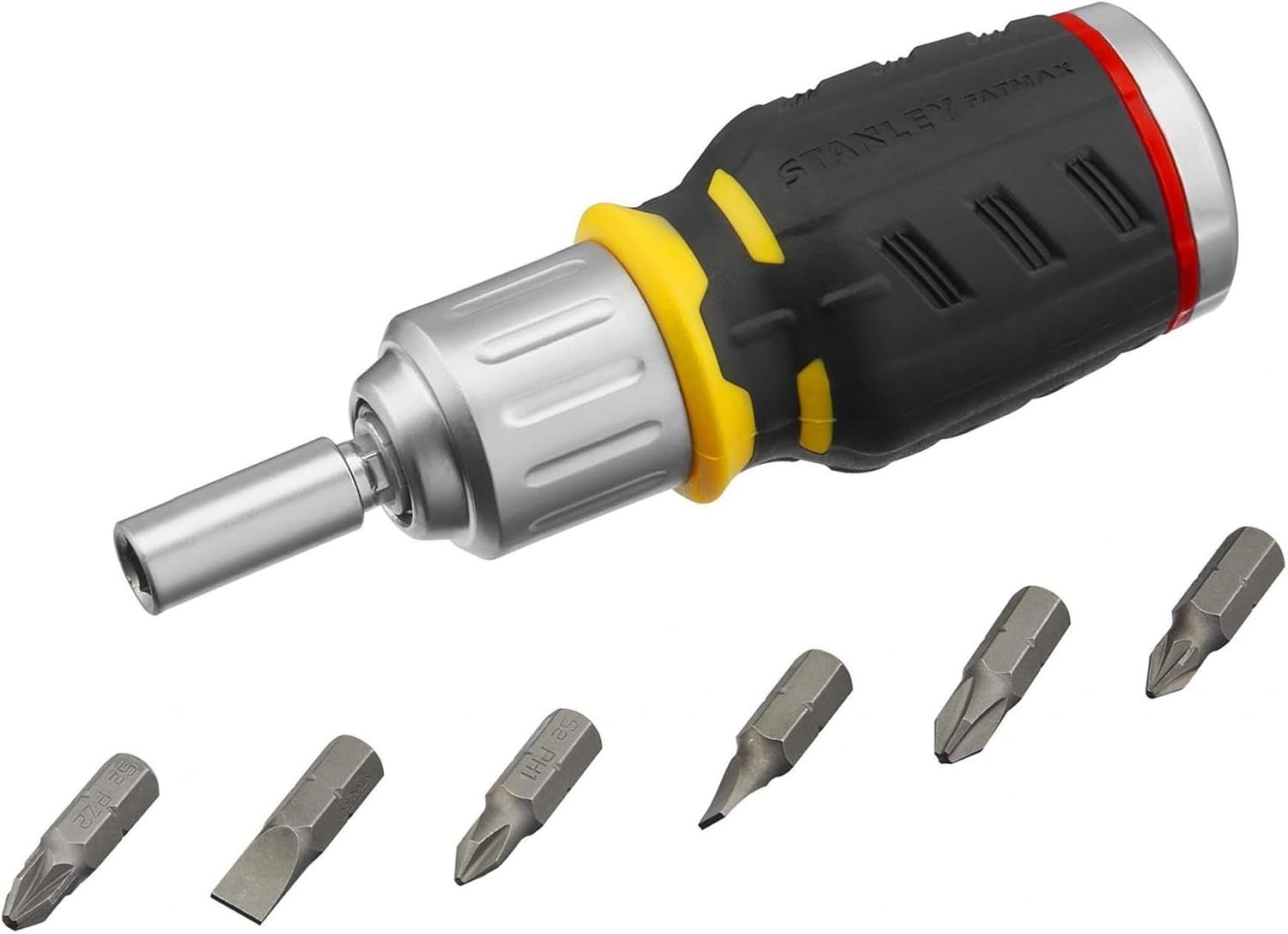 Stanley FatMax Bit-Schraubendreher FMHT0-62688 (kurze Ausführung mit 3-fach verstellbare Ratsche & Bitfach mit 6 Bits im Heft, SL5 & SL6,5 mm, PH 1 & 2, PZ 1& 2, Knarre mit 40 Zähne)