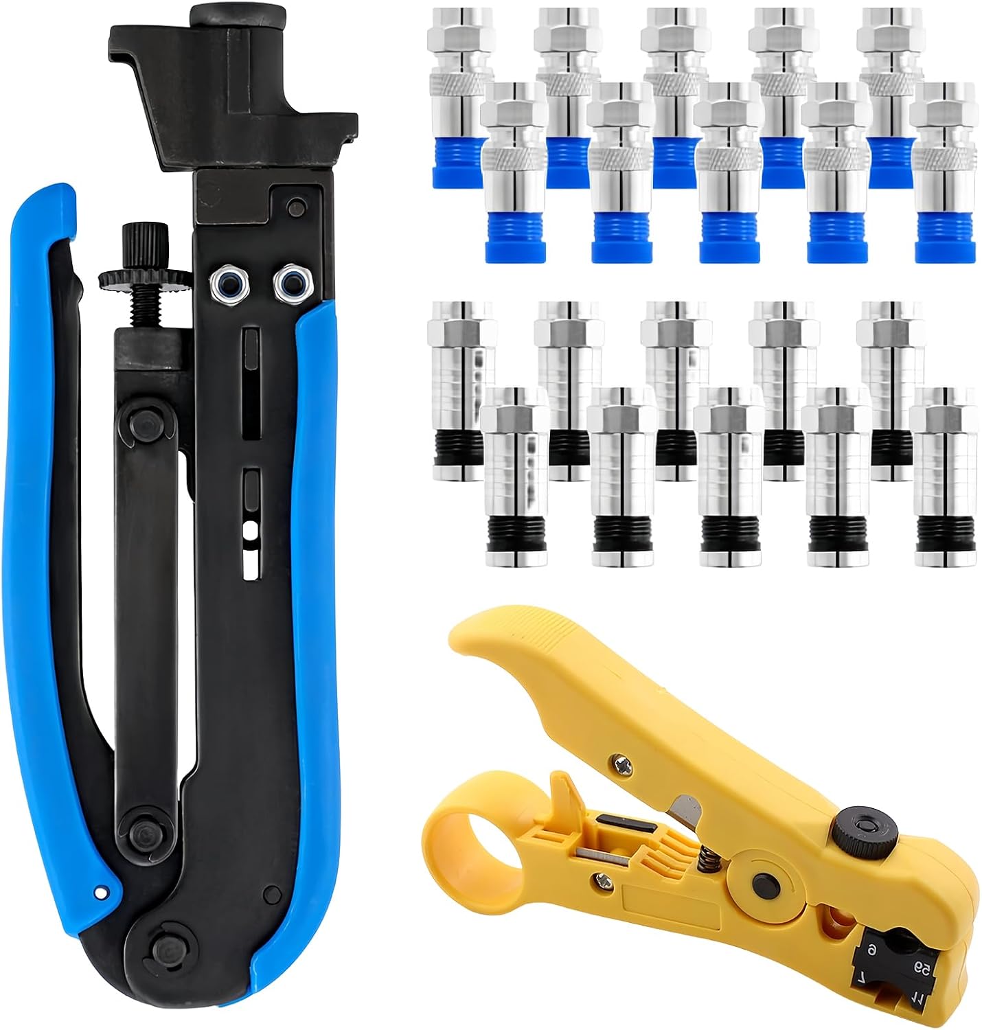 Kompressionszangen Set: Steckverbinder Crimper Abisolierzangen Set, Koaxialkabel Crimpzange Kit mit 20 Stück Kompression F RG6 Stecker, Drahtkoaxialkabel Abisolierwerkzeug