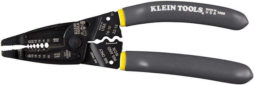 Klein Tools 1009 Multi-Werkzeug, Abisolierzange, Crimpzange, Drahtschneider, lange Nase, Mehrzweck-Elektriker-Werkzeug, grau/gelb