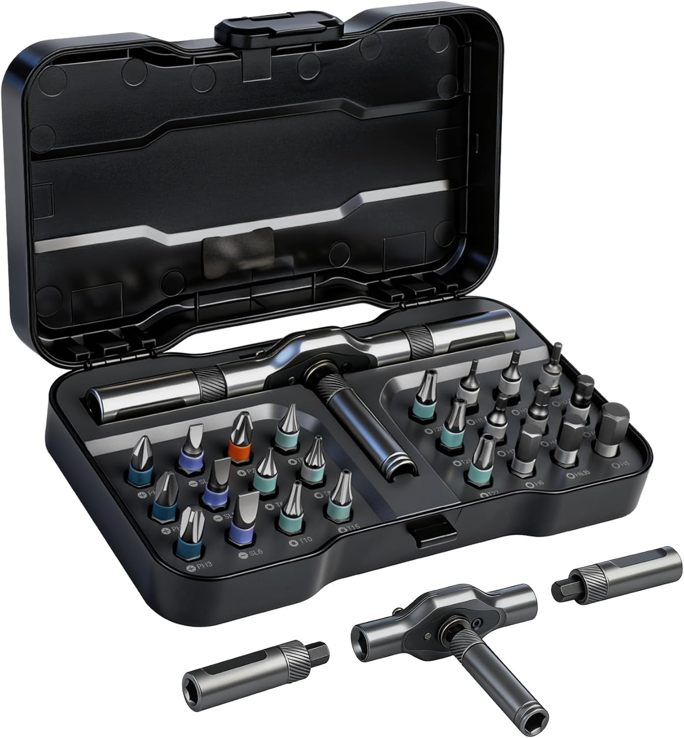 24tlg. Ratschenschraubendreher Set Magnetisch Schraubendreher Set mit Abnehmbarem Griff, Magnetic Screwdriver Set mit S2-Bits 58-Zahn-Ratsche Feinmechaniker Werkzeug für Möbel Fahrrad PC-Reparatur