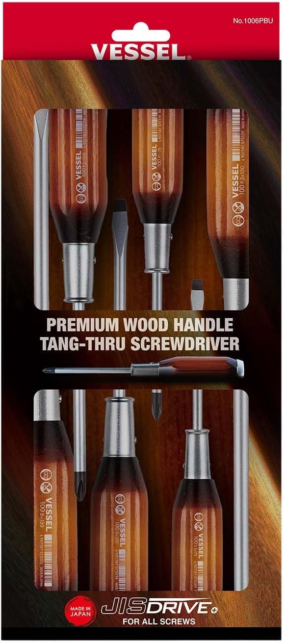 VESSEL Premium Tang-Thru Schraubendreher mit Holzgriff, 6-teiliges Set