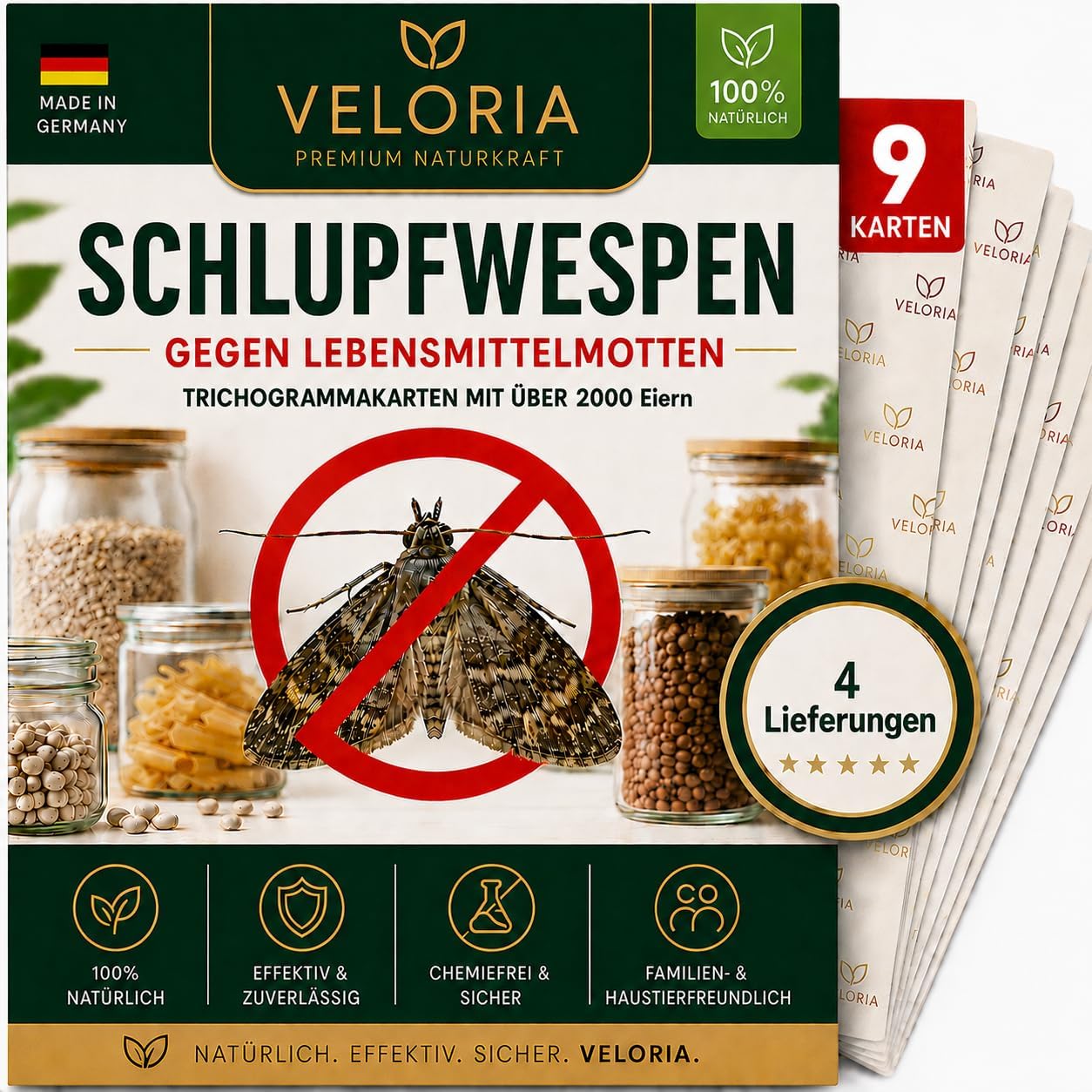 VELORIA Schlupfwespen gegen Lebensmittelmotten - 4 Karten à 1 Lieferung - Effektiv Lebensmittel Motten bekämpfen - Alternative zur Mottenfalle, Mottenspray, Pheromonfalle