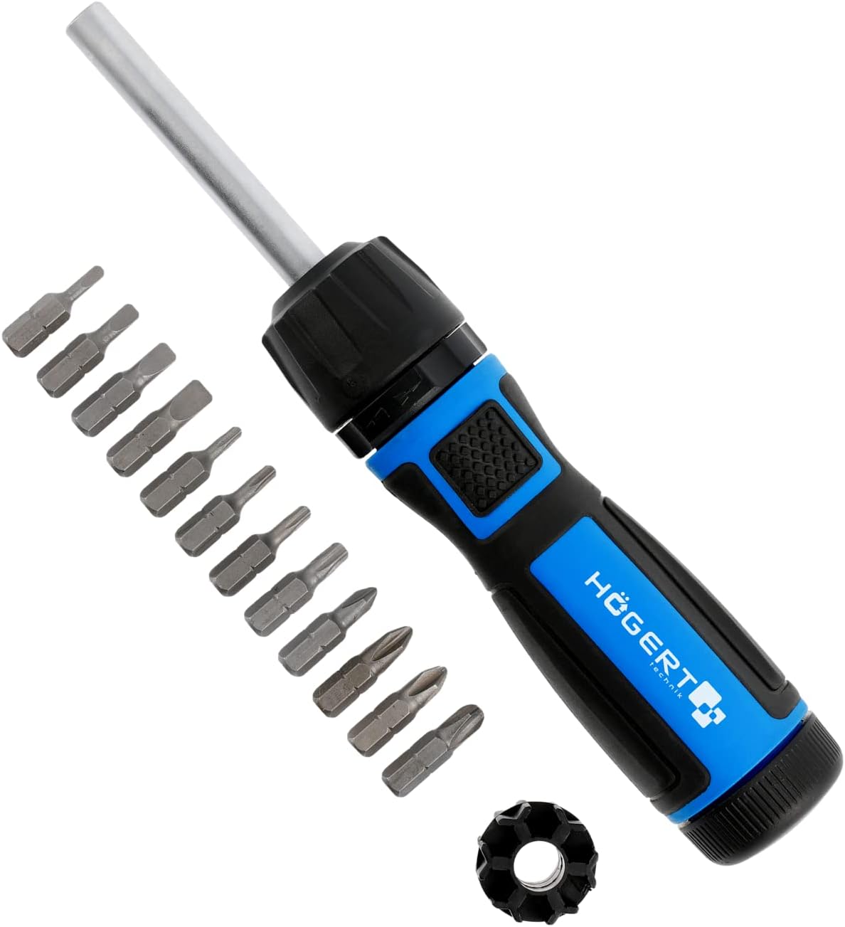HÖGERT TECHNIK kurzer Ratschenschraubendreher 10cm, 8 S2-Bits, magnetisch