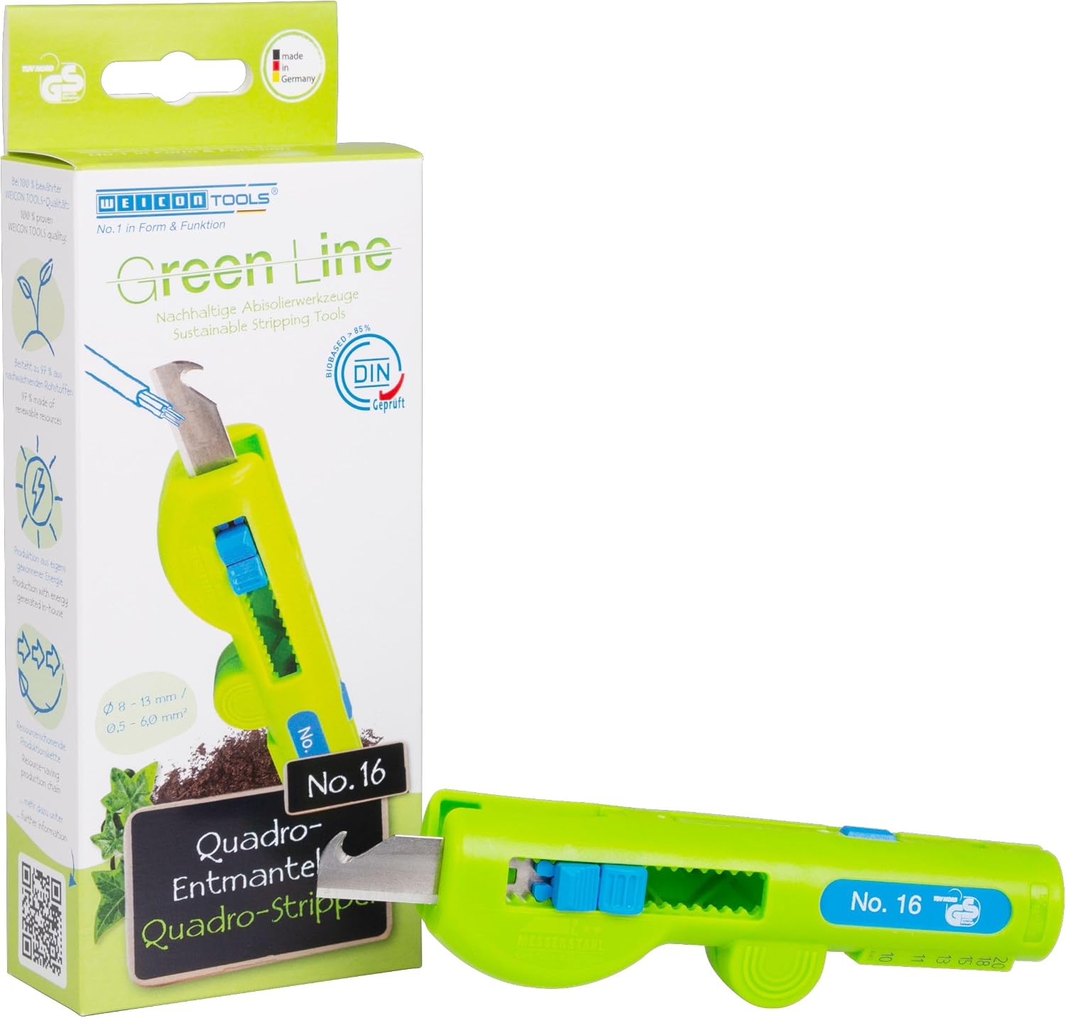 WEICON TOOLS Quadro-Entmanteler No. 16 Green Line, 8, 0-13, mm, Rundschnitt, Längsschnitt, Abisolieren & Schneiden, Grün