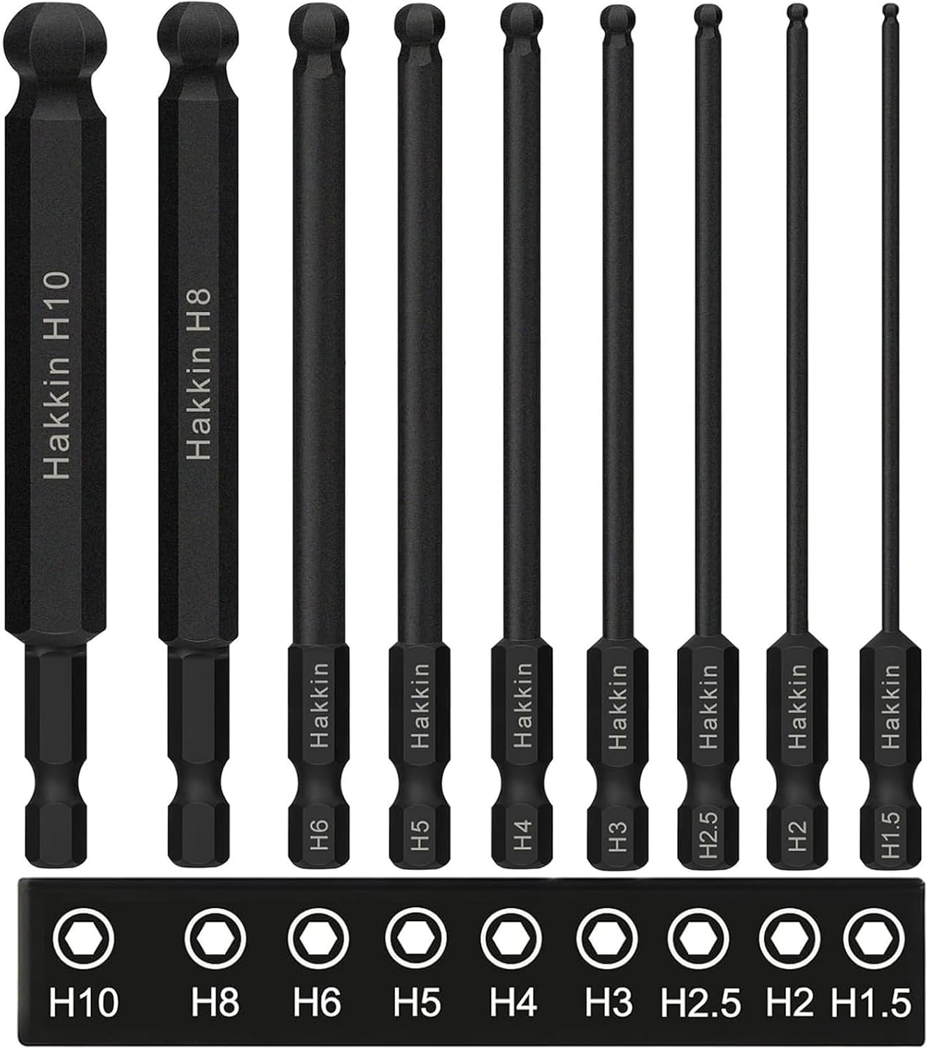 Hakkin 9 Stück 1/4" Kugelkopf Sechskant Schraubendreher Bit 100 mm Sechskant Magnetischen Innensechskant Schraubendreher Satz Ball End Hex Schraubendreher S2 Legierter Stahl 1,5/2/2,5/3/4/5/6/8/10 mm