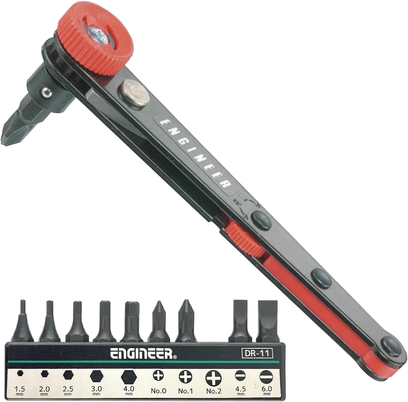 compact 90 degree right angled ratchet screwdriver inc. assorted bits ...ideal for confined spaces (Japanese quality). Engineer dr-06