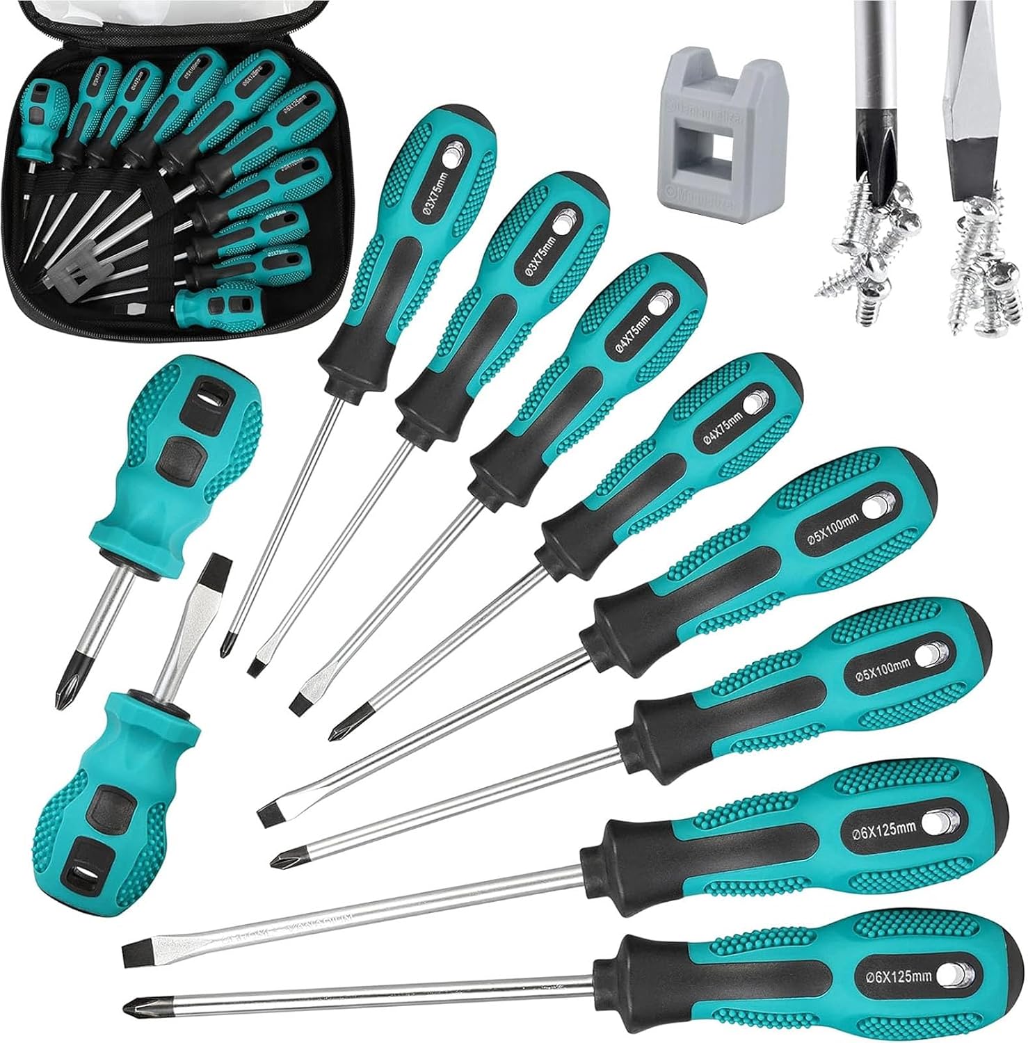 10tlg Schraubendreher Set Magnetisch,Profi Schraubenzieher Set aus Chrom-Vanadium-Stahl, 5 Schlitz und 5 Kreuzschlitz Schraubendreher Satz, zum Befestigen und Lösen Reparación