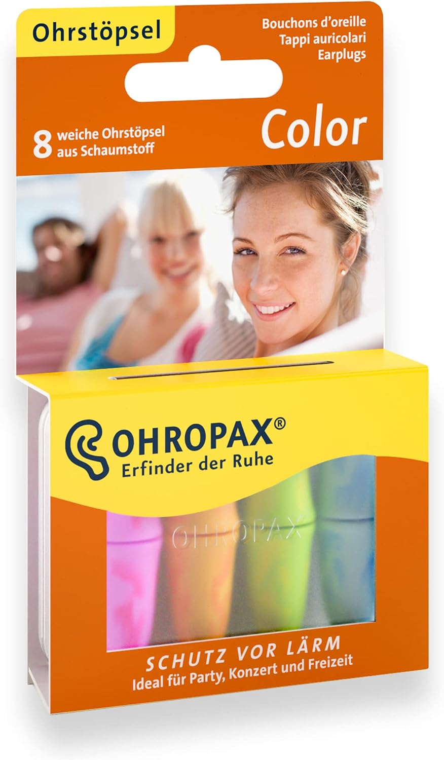 OHROPAX Color Ohrstöpsel – IN-Ohr-Stöpsel aus weichem Schaumstoff – besonders komfortabel, auch bei langem Tragen – Schalldämmwert SNR 35 dB – ideal für Party, Event und Auszeit – 8 Stück