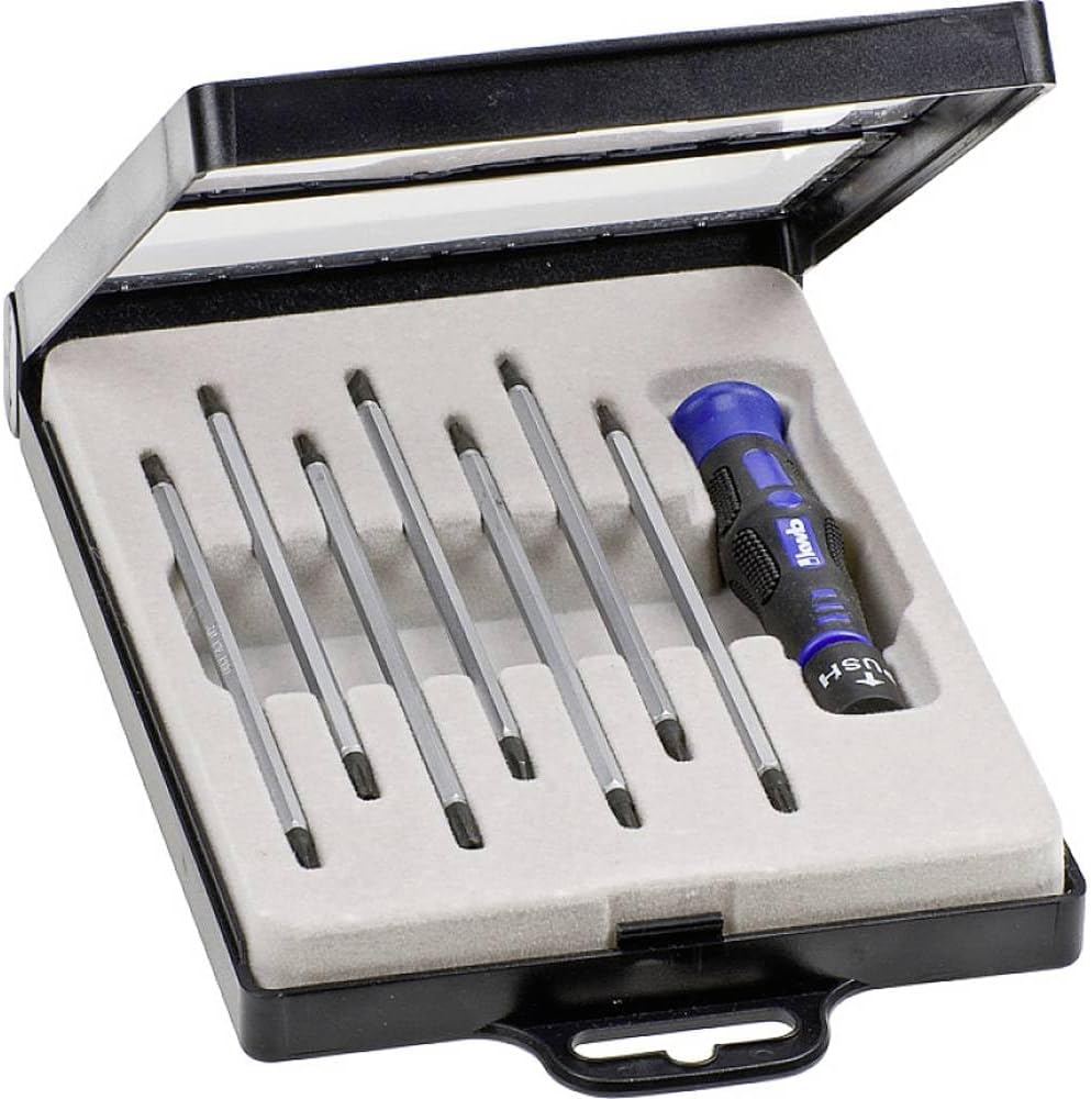 kwb Präzisions-Schraubendreher Set VDE Kreuz + Schlitz für Fein-Mechanik, Mini-Schraubenzieher f. Uhrenmacher/Feinmechaniker, Werkzeug-Satz in Aufbewahrungs-Box, mit Dreh-Kopf und 2-Komponentengriff