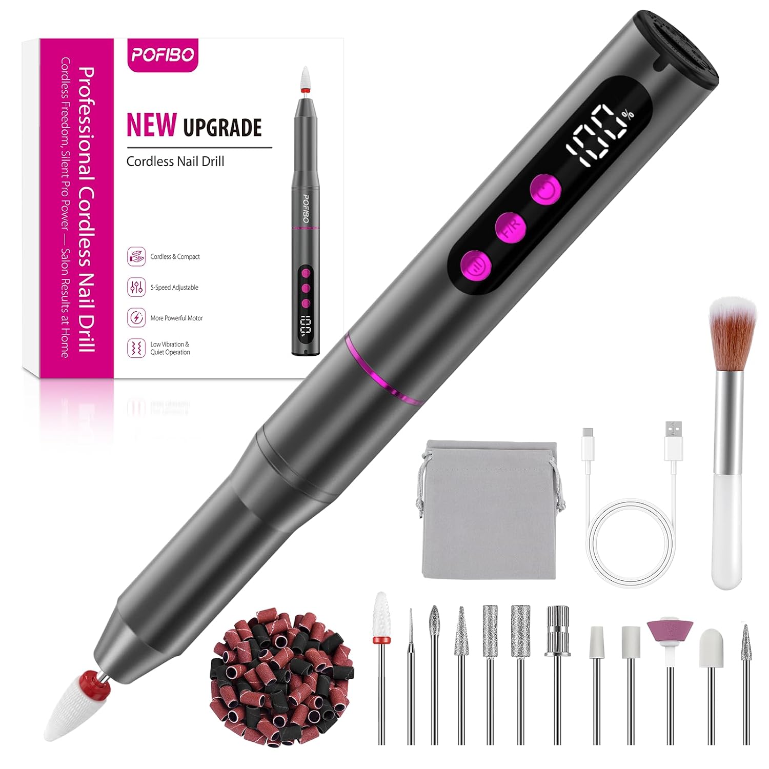 POFIBO Nagelfräser Kabellose Elektrische Nagelfeile - 35000 U/Min Nagelfräser für Gelnägel, 12 IN 1 Professionell Fräser für Nägel & Acrylnägel, Maniküre Pediküre Set mit 5 Geschwindigkeiten