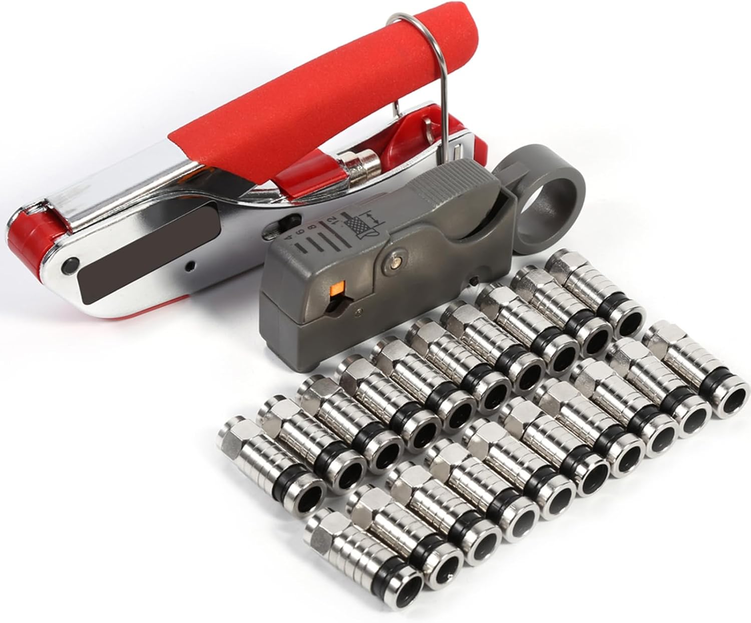 Kompressionszange Set mit Crimpzange, Einstellbarer Koaxial Abisolierer für RG59 RG6, F Stecker Coax Cable Crimper, 20 Stück