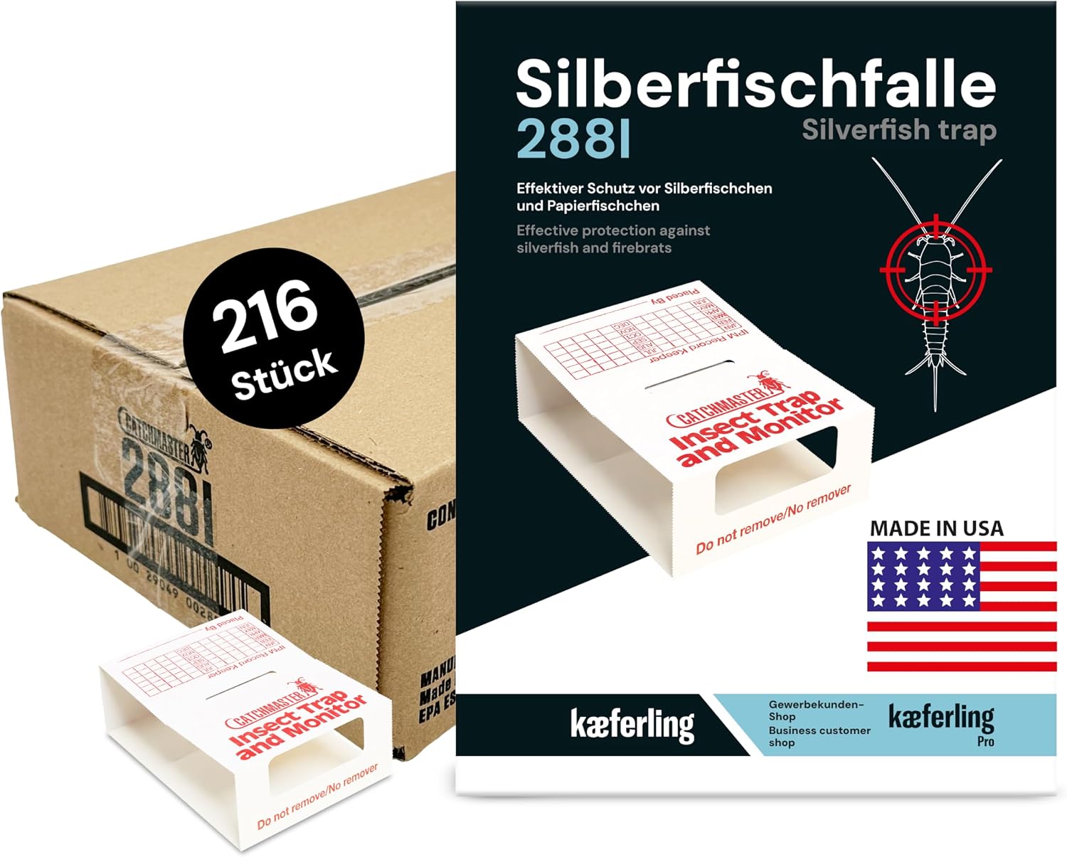 Catchmaster 288i 12x Monitoring-Klebefallen für Silberfische - 100% Giftfrei - Silberfischfalle mit Starkem Kleber - zur Befallskontrolle - 4 Blätter à 3 Fallen