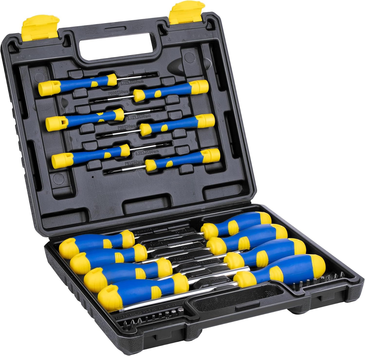 Kinzo Schraubendreher Set 32-teilig - inkl. Werkzeugkoffer - Schraubendreher mit magnetischer Spitze - Schwarz, Gelb, Blau