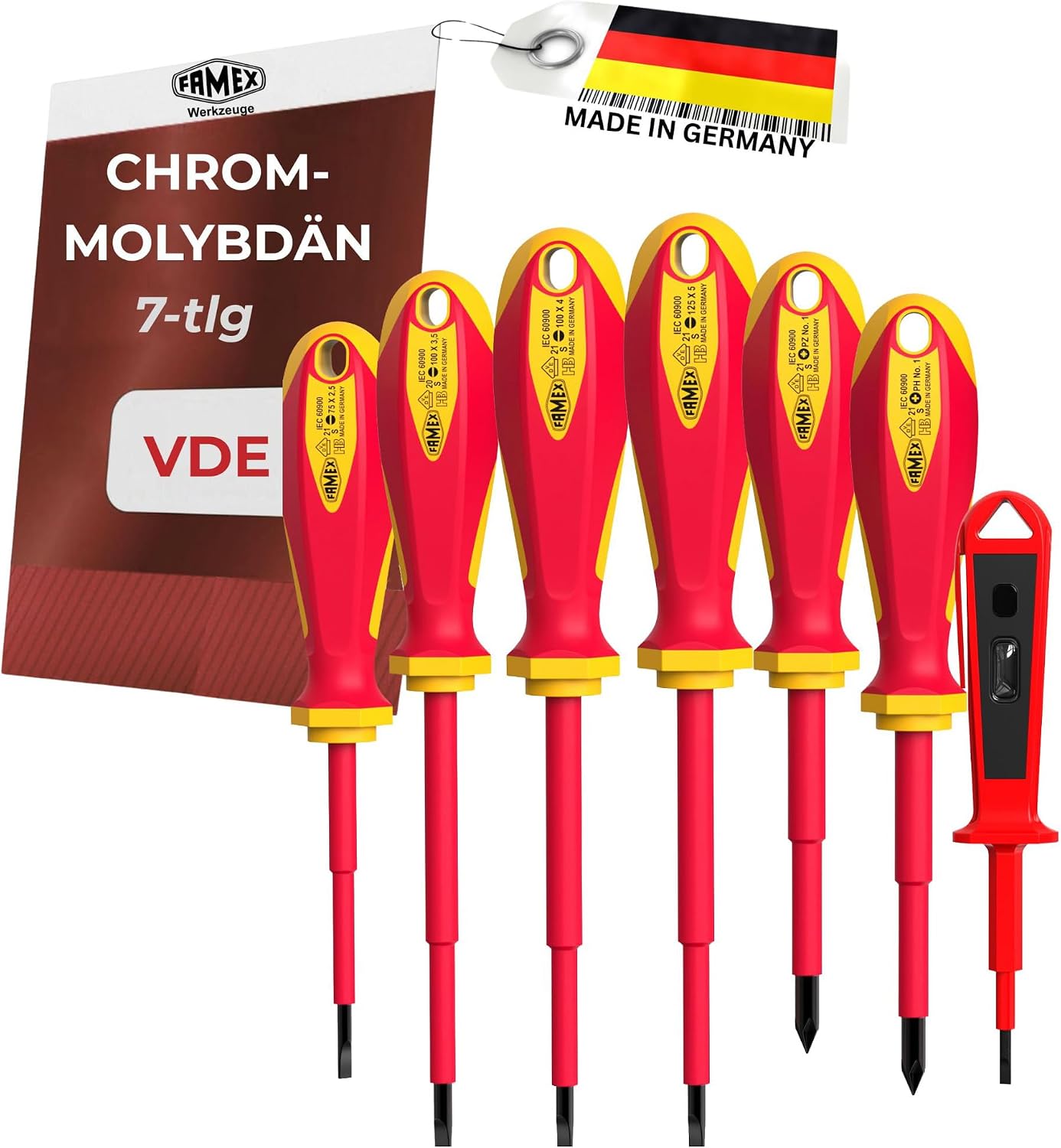 FAMEX 7734-7 Schraubendreher Set 7-teilig - VDE geprüft - isoliert 1000 V - Schlitz/Kreuzschlitz - aus Chrom-Molybdän-Vanadium Stahl - verschlankte Spitzen - mit Spannungsprüfer 230V - Elektriker