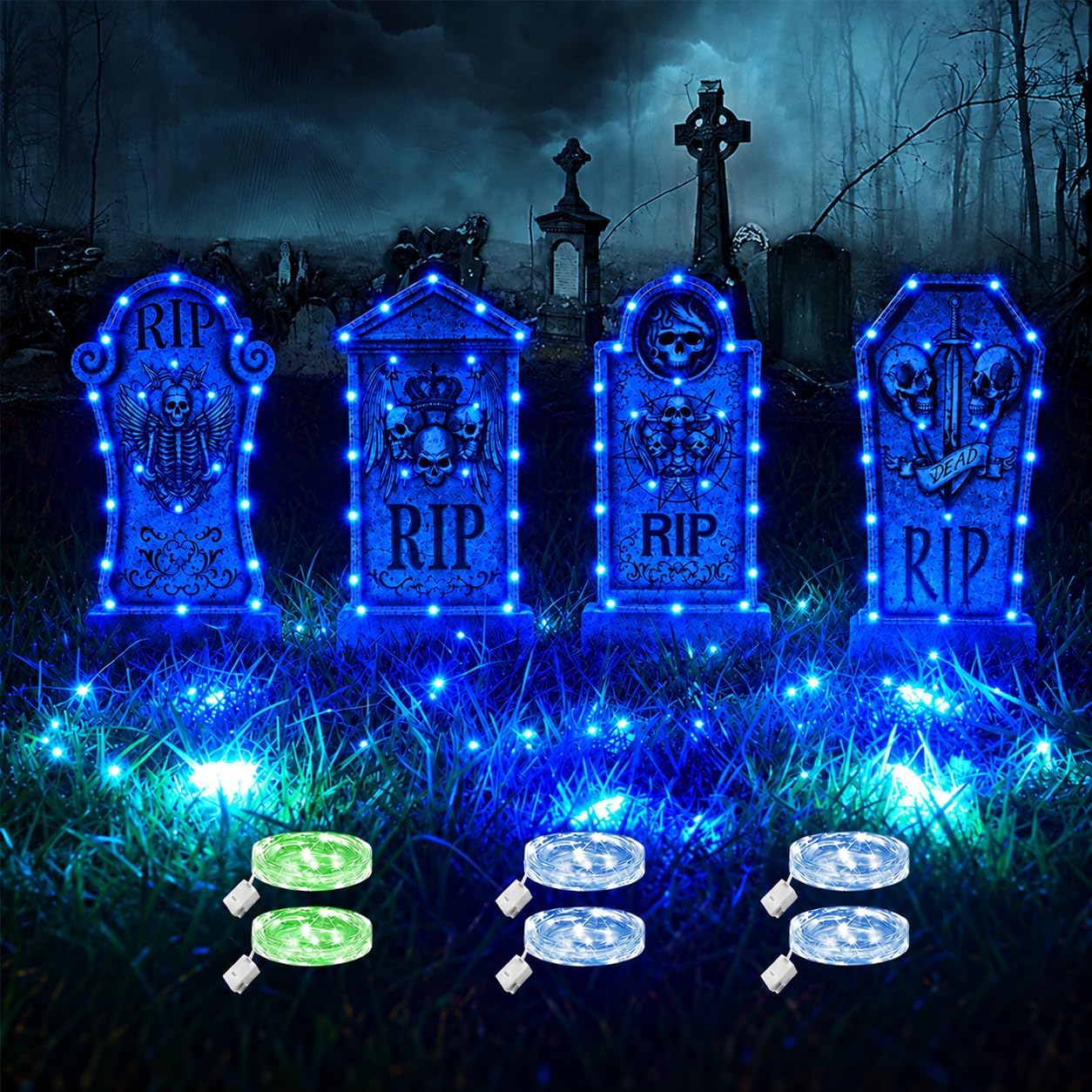 Maxee 4 Stück Halloween Glühendes Grabsteine Deko mit 6 Stück 3 Meter Lichterkette, Wasserdichtes Grabstein Schilde, Außen Dekoration Set für Rasenhof Hinterhof Haunted Friedhof Zombie Grün und Blau