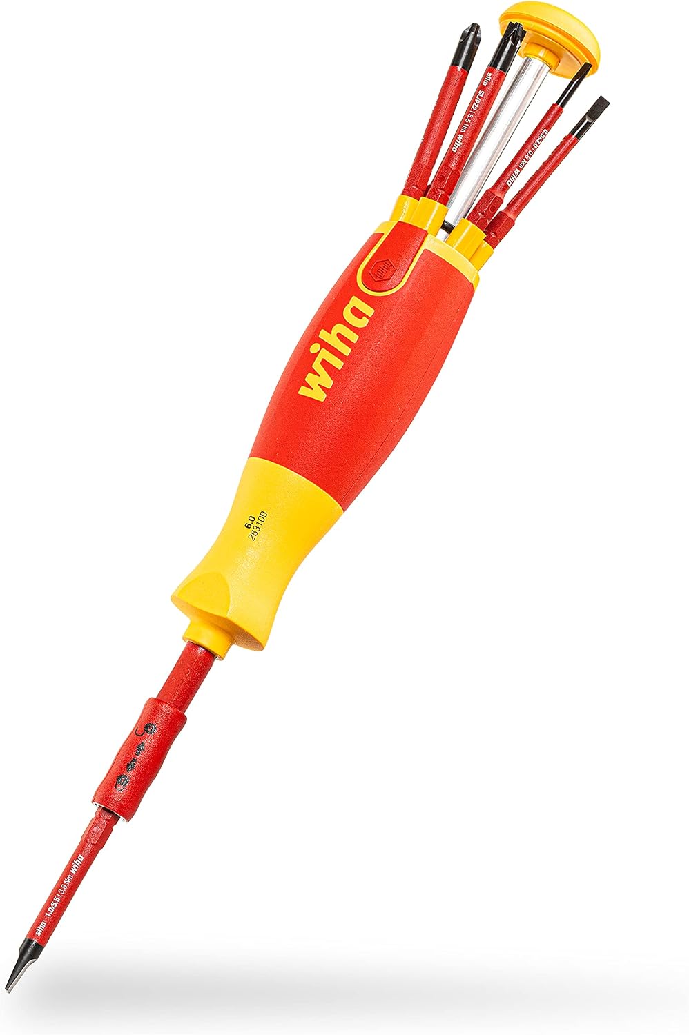 Wiha Schraubendreher Set LiftUp electric 6-tlg. mit verstaubarem Bit Set (41235) I Schraubenzieher Satz mit Bit Magazin aus slimBits für Elektriker, Bithalter, Schlitz/ Kreuzschlitz/ Plusminus