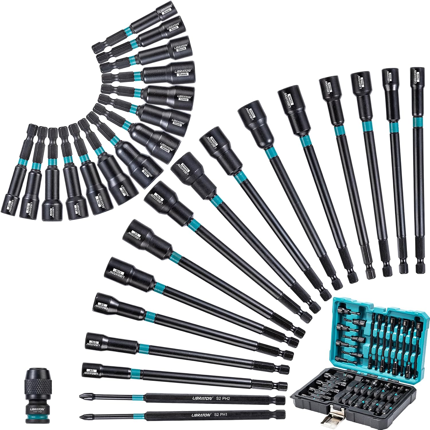 LIBRATON 27tlg Magnet Stecknuss Lang Set 1/4" mit Ratschen-T-Griff