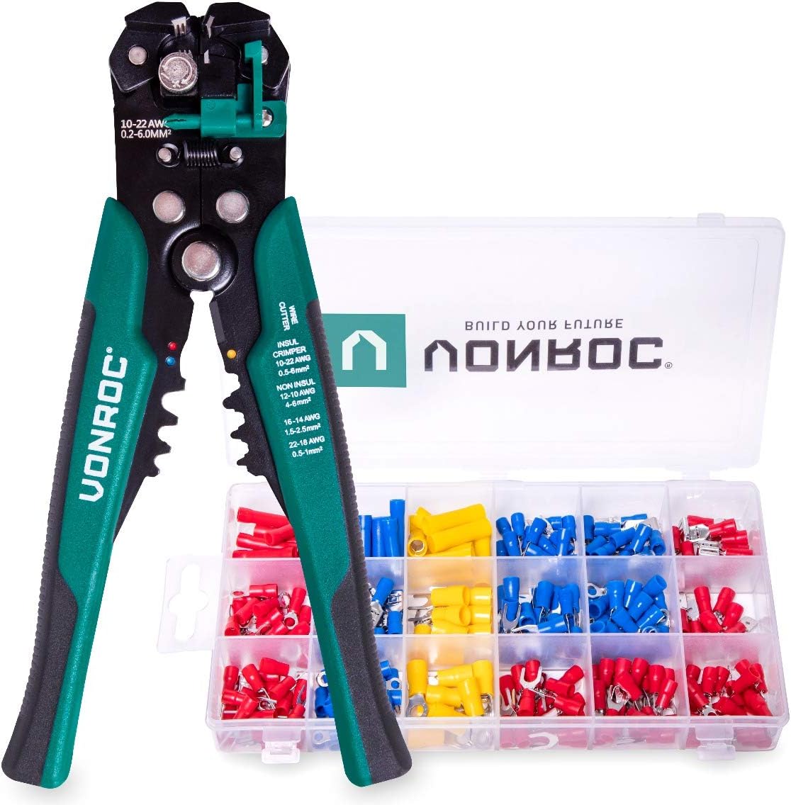 VONROC Professionelle automatische Abisolierzange – Crimp- und Isolierzange – Mit 270-teiligem Kabelschuh-Zubehör-Set