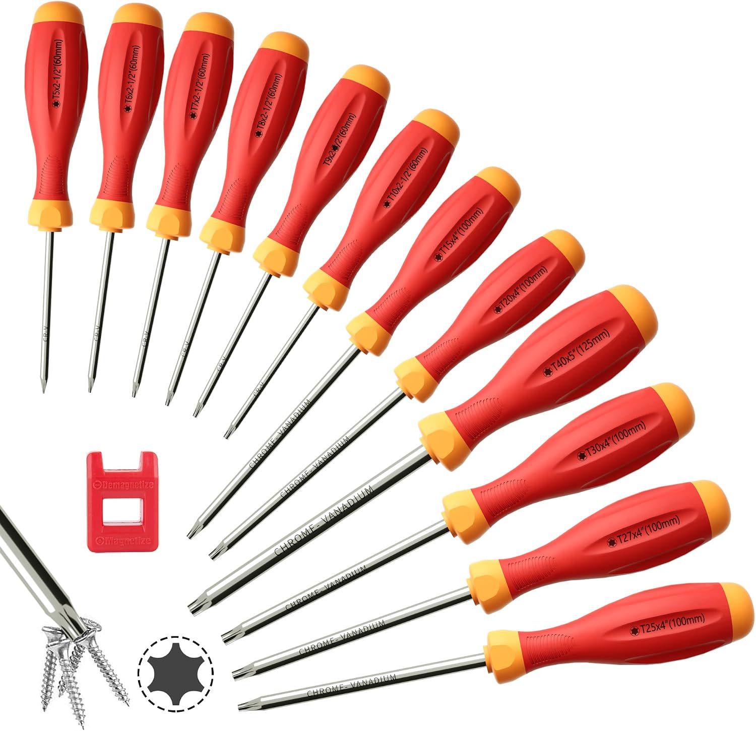XOOL Magnetisches Torx-Schraubendreher-Set, 12-in-1 mit T5 T6 T7 T8 T9 T10 T15 T20 T25 T27 T30 T40 - Ergonomischer Griff, CRV-Stahl, Korrosionsbeständig für DIY & Reparaturen