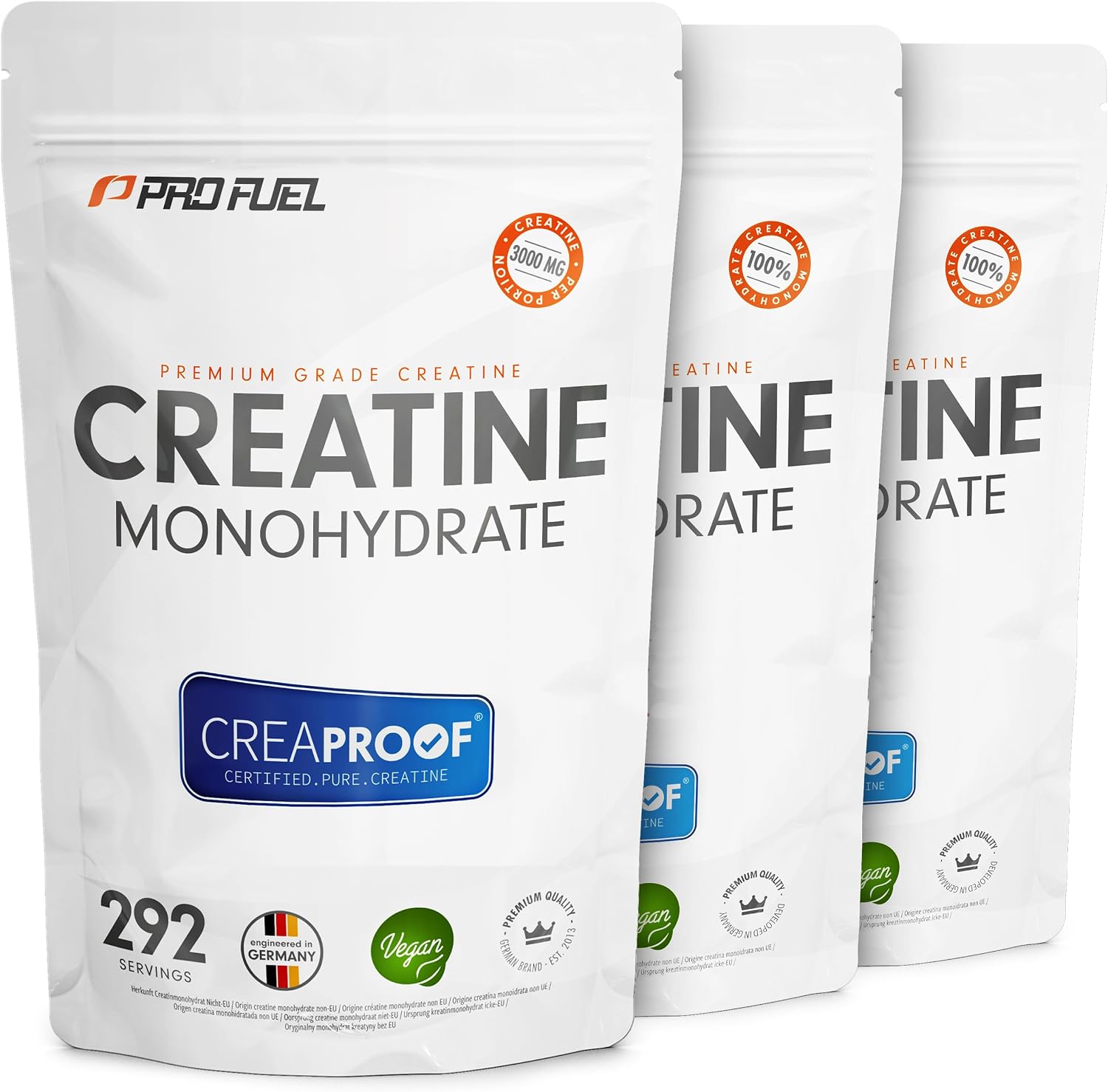 CREAPROOF® Creatin Monohydrat 1000g - Creatin mit erstklassiger Reinheit, durch unabhängige Laboranalysen bestätigt - Kreatin-Monohydrat mit 3 g Creatin pro Portion - 100% vegan - Vorrat für 292 Tage