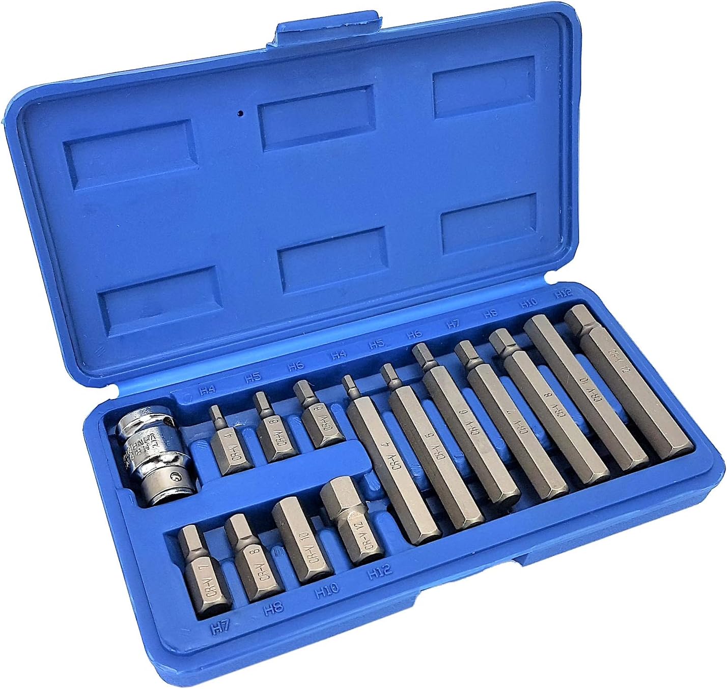 Ratschen Bit-Satz 15 teiliges. Hex Bitset Innensechskant Schraubendrehersatz H4-H5-H6-H7-H8-H10-H12 Inkl. Adapter für die Ratschen Wekzeugaufnahme 1/2" 33-610