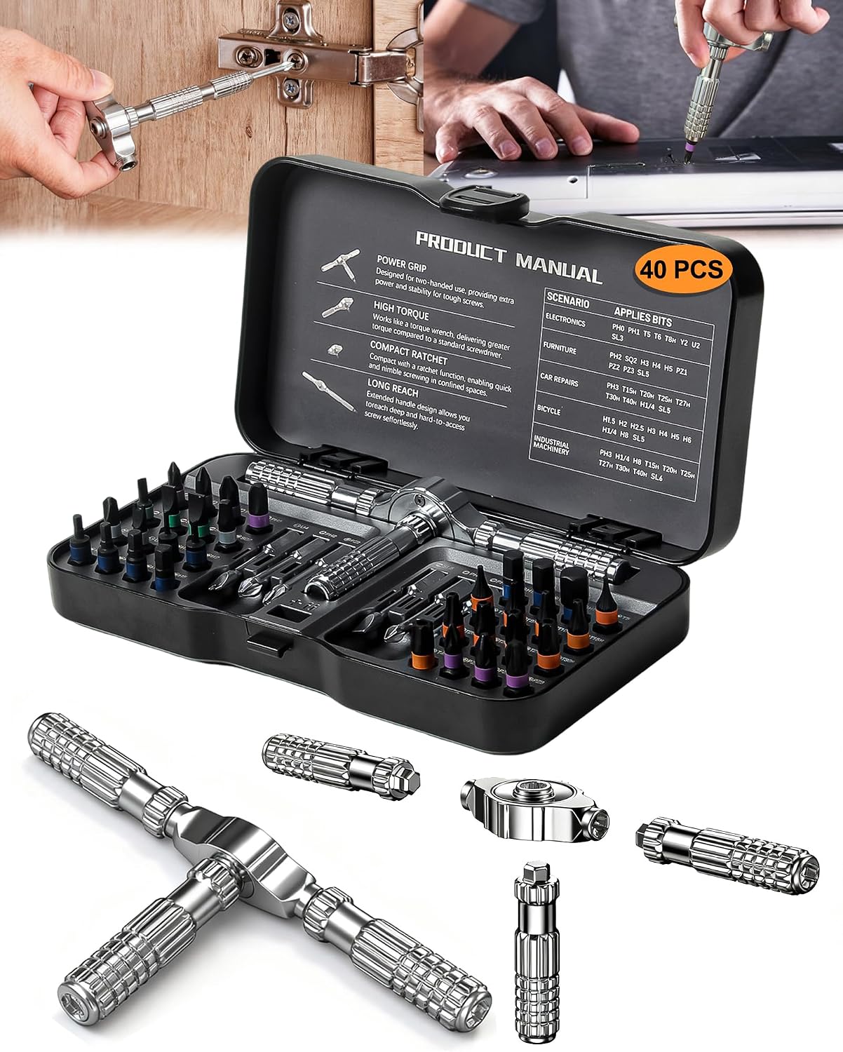40-in-1 Magnetisch Schraubendreher Set, Abnehmbares T-Griff Ratschen Schraubendreher Set, Tragbarer Ratschenschraubendreher, Mehrere S2-Stahlbits, Geeignet für DIY, Computer, Brillen, Uhren, Möbel